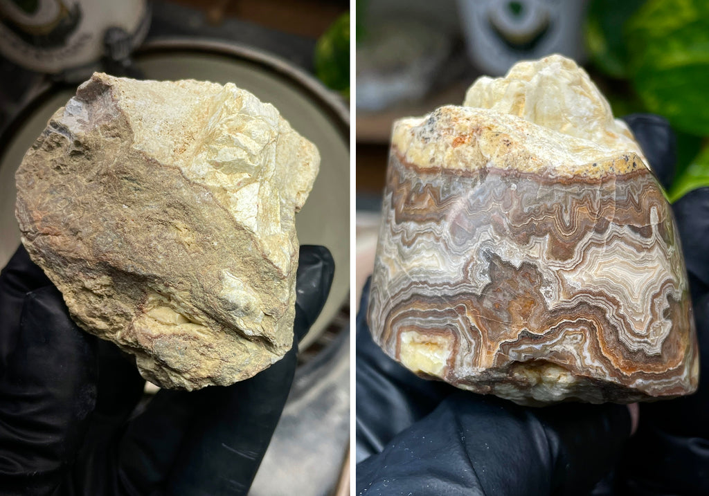 StoneBorn Creations Hand-Polished Banded Lace Agate with Natural Raw Top and Base – Intricate Earth-Toned Banding Freeform Finish