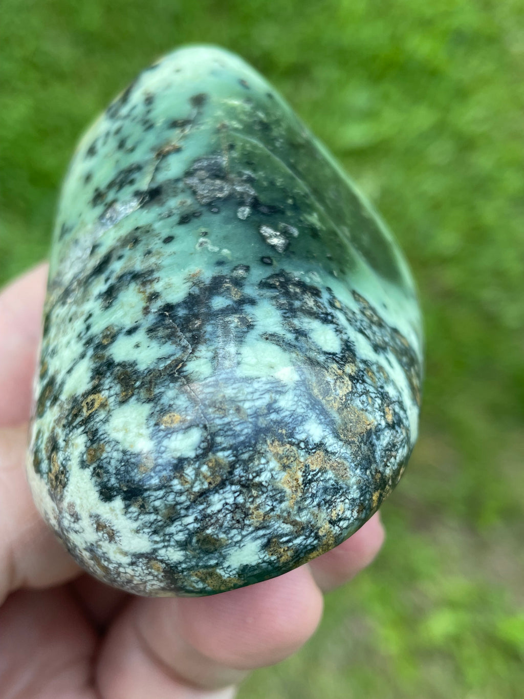 StoneBorn Creations Hand-Polished Green Serpentine Freeform with Deep Forest Green Pocket, Golden Matrix, and Natural Black Mineral Inclusions