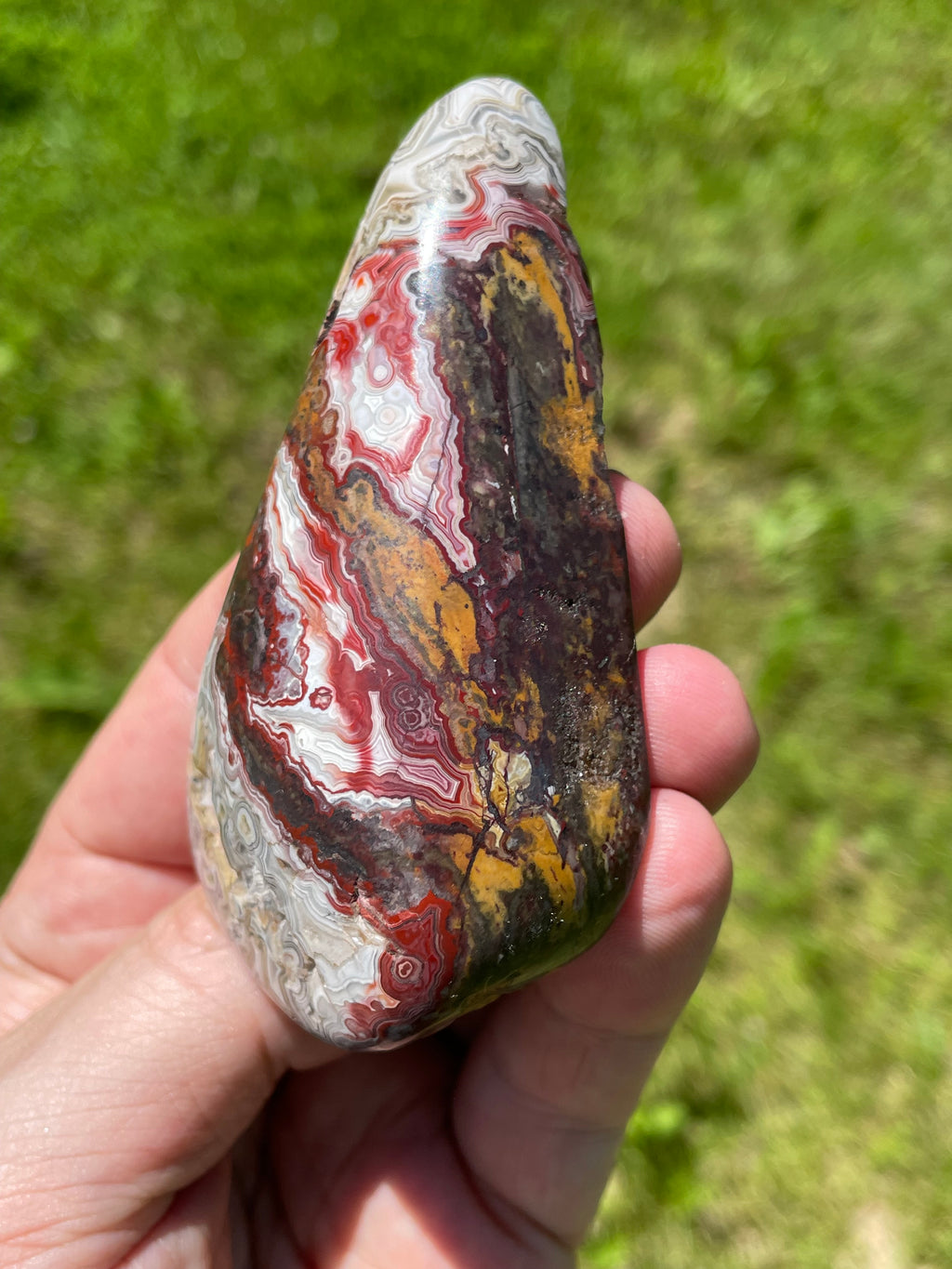 StoneBorn Creations Hand-Polished Lace Agate Freeform with Deep Crimson Banding, Intricate Fortification Patterns, and Natural Druzy Pocket
