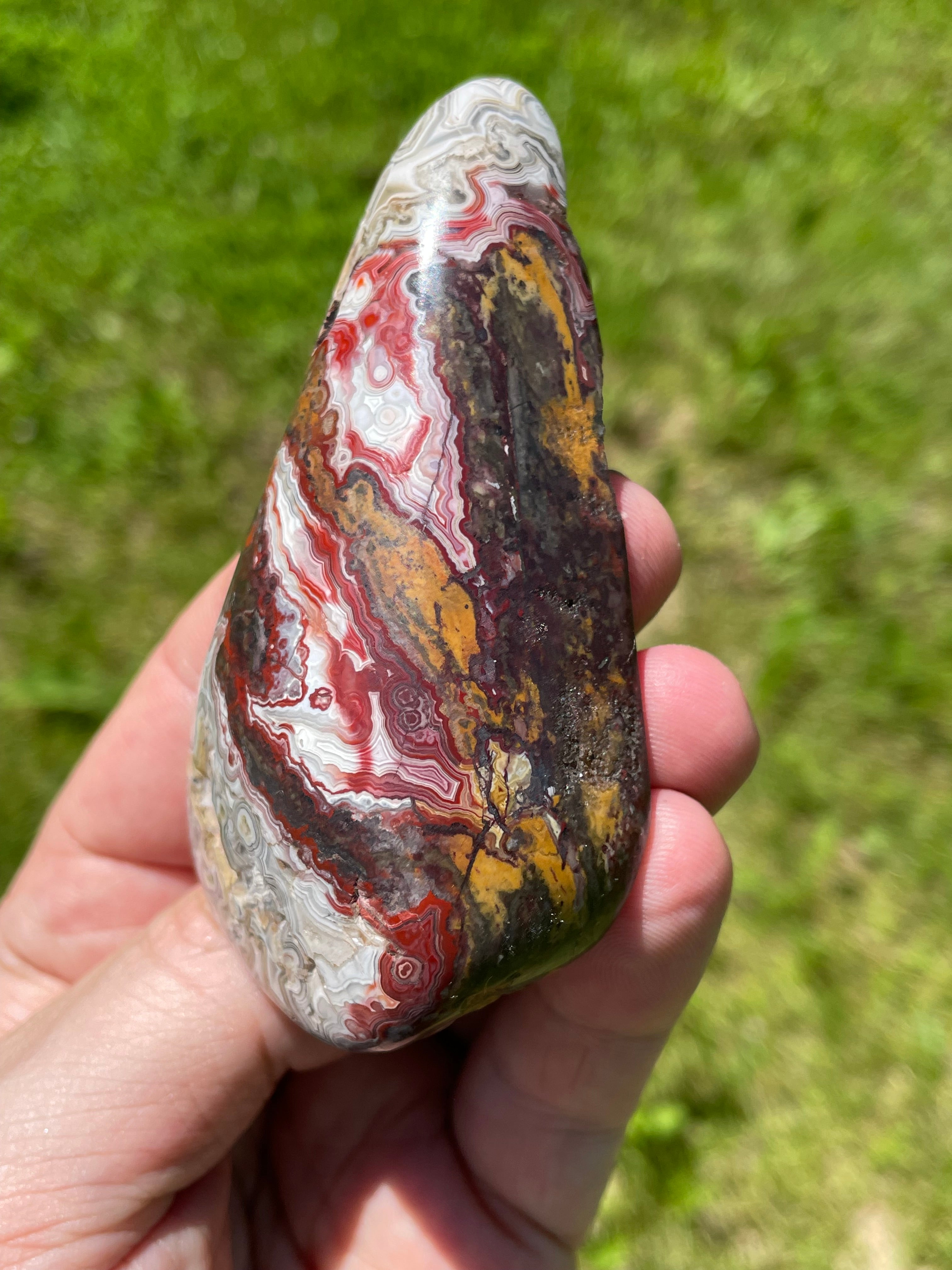 StoneBorn Creations Hand-Polished Lace Agate Freeform with Deep Crimson Banding, Intricate Fortification Patterns, and Natural Druzy Pocket
