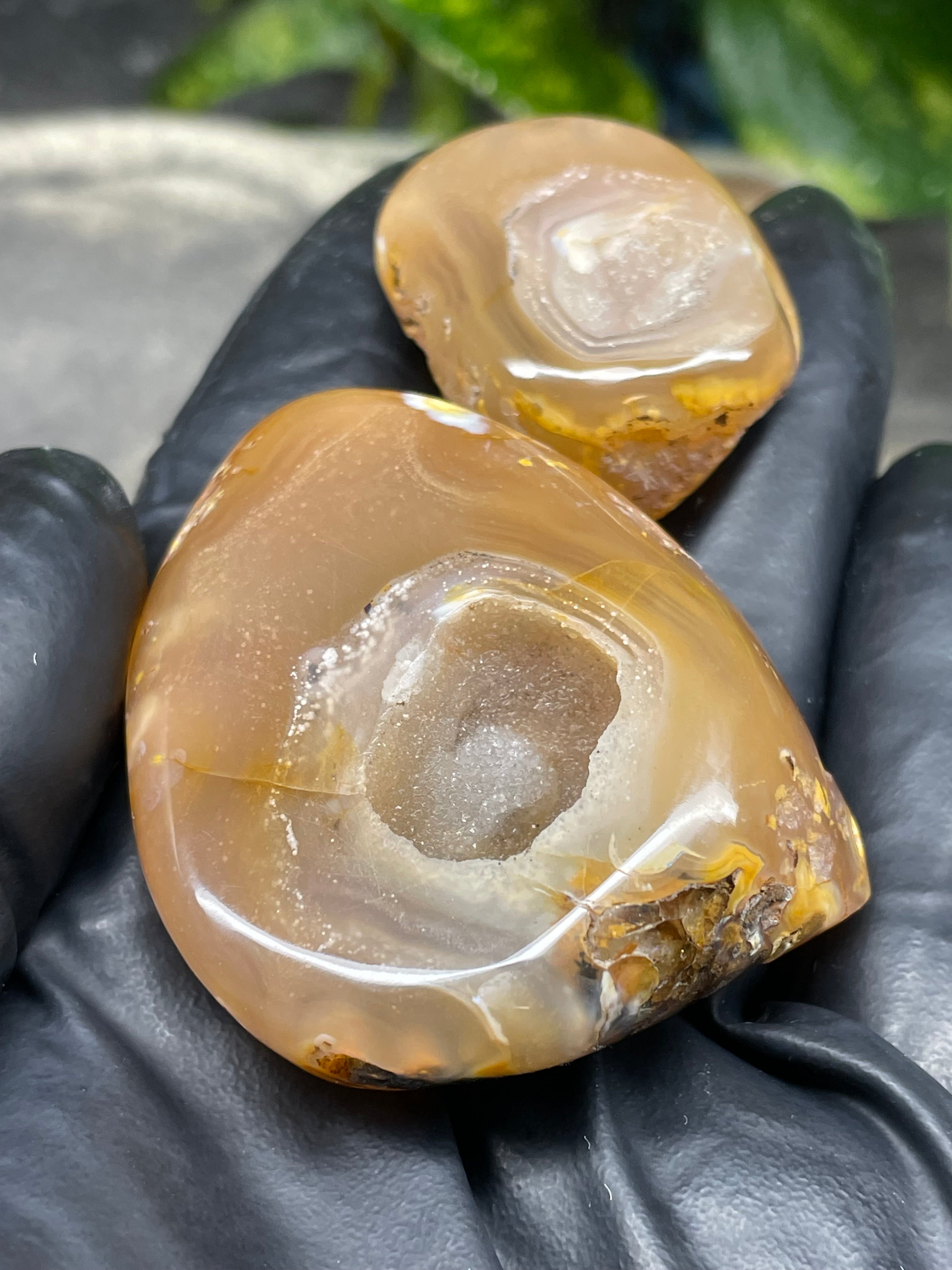 StoneBorn Creations Hand-Polished Banded Agate Pair with Druzy Crystal Centers – Rounded Freeform Stream Stone Halves