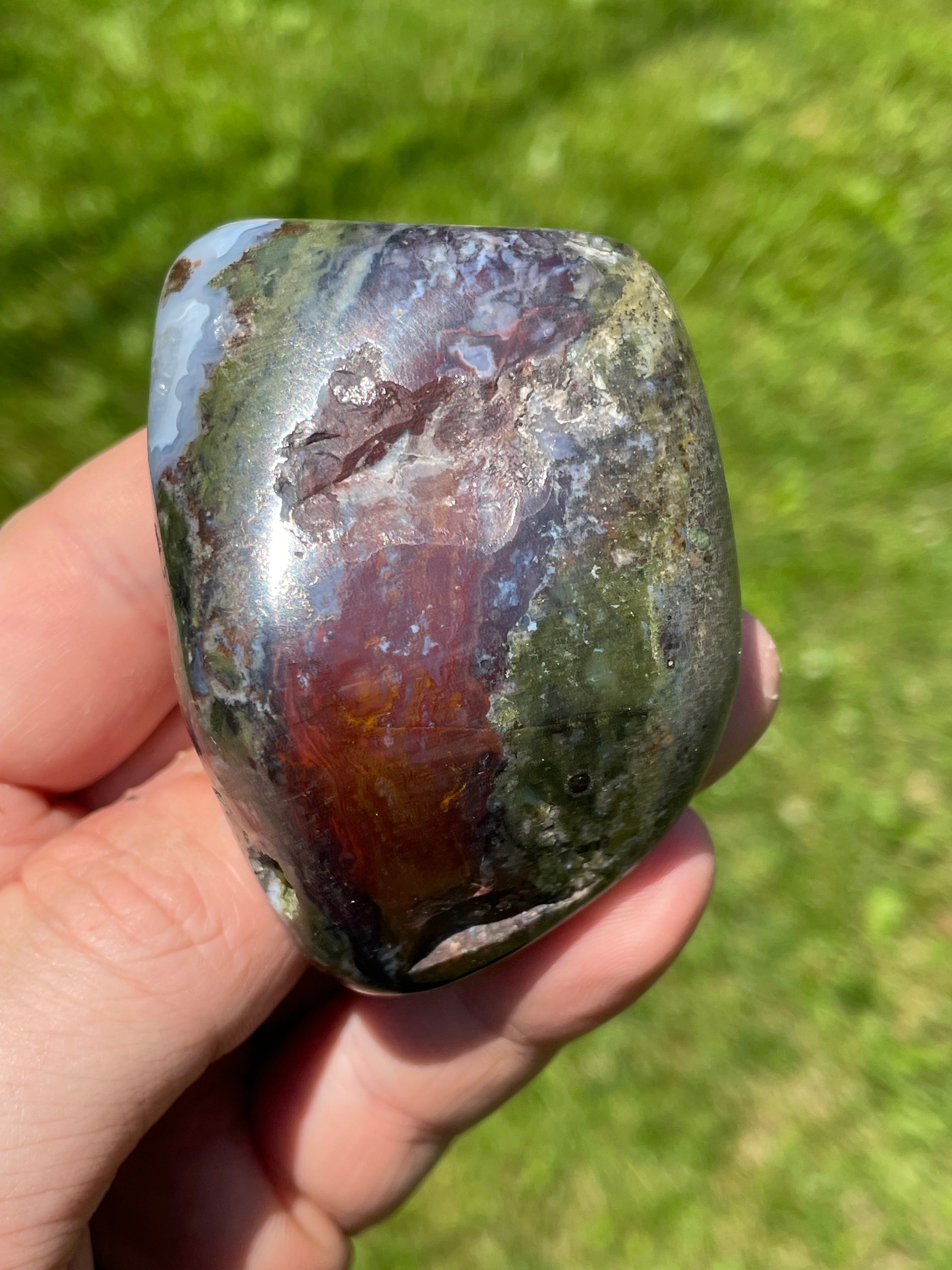 StoneBorn Creations Hand-Polished Green Serpentine & Red Jasper Freeform with Blue Chalcedony Pockets