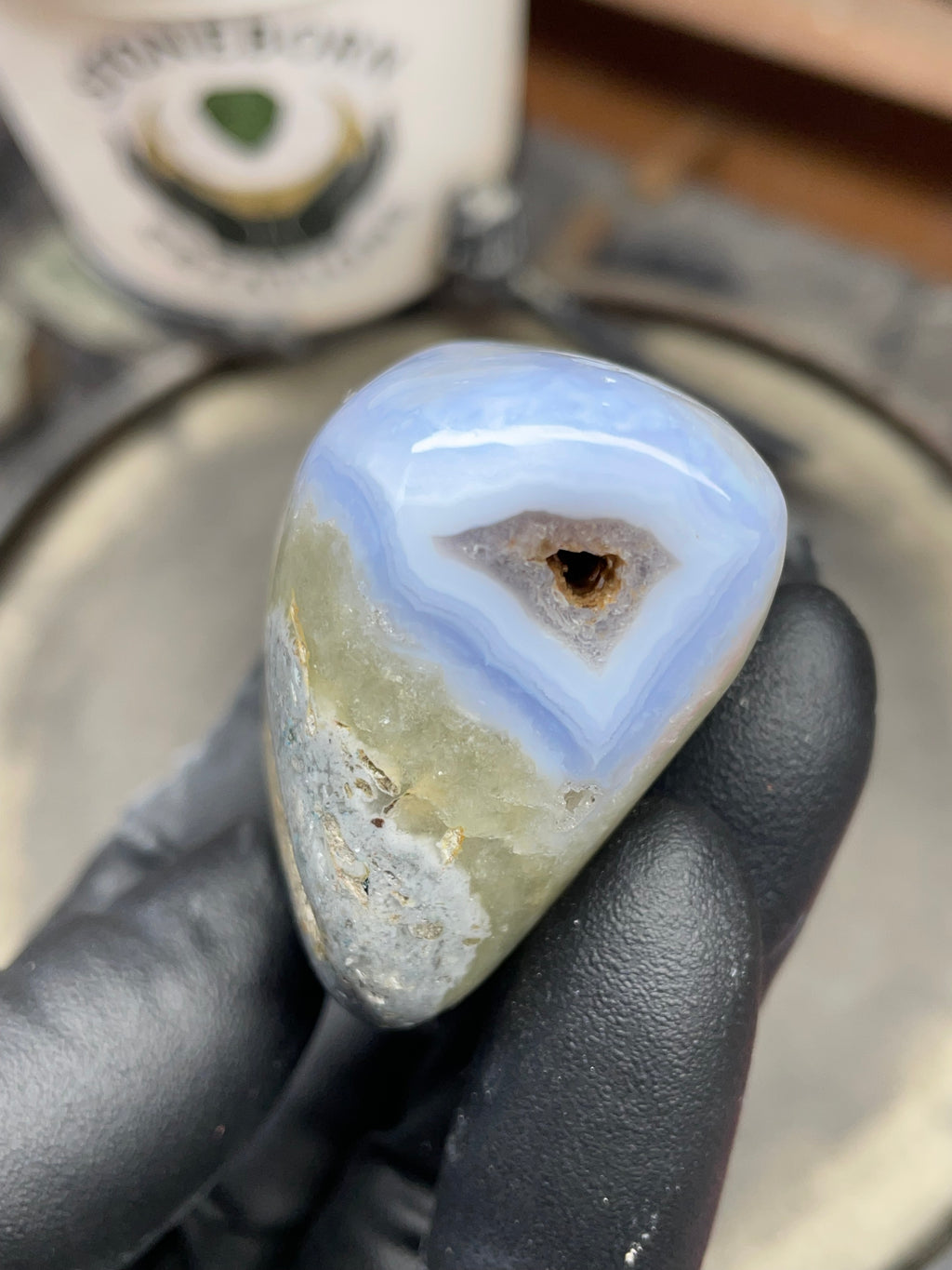 StoneBorn Creations Hand Polished Blue Chalcedony Agate with Natural Druzy Pocket