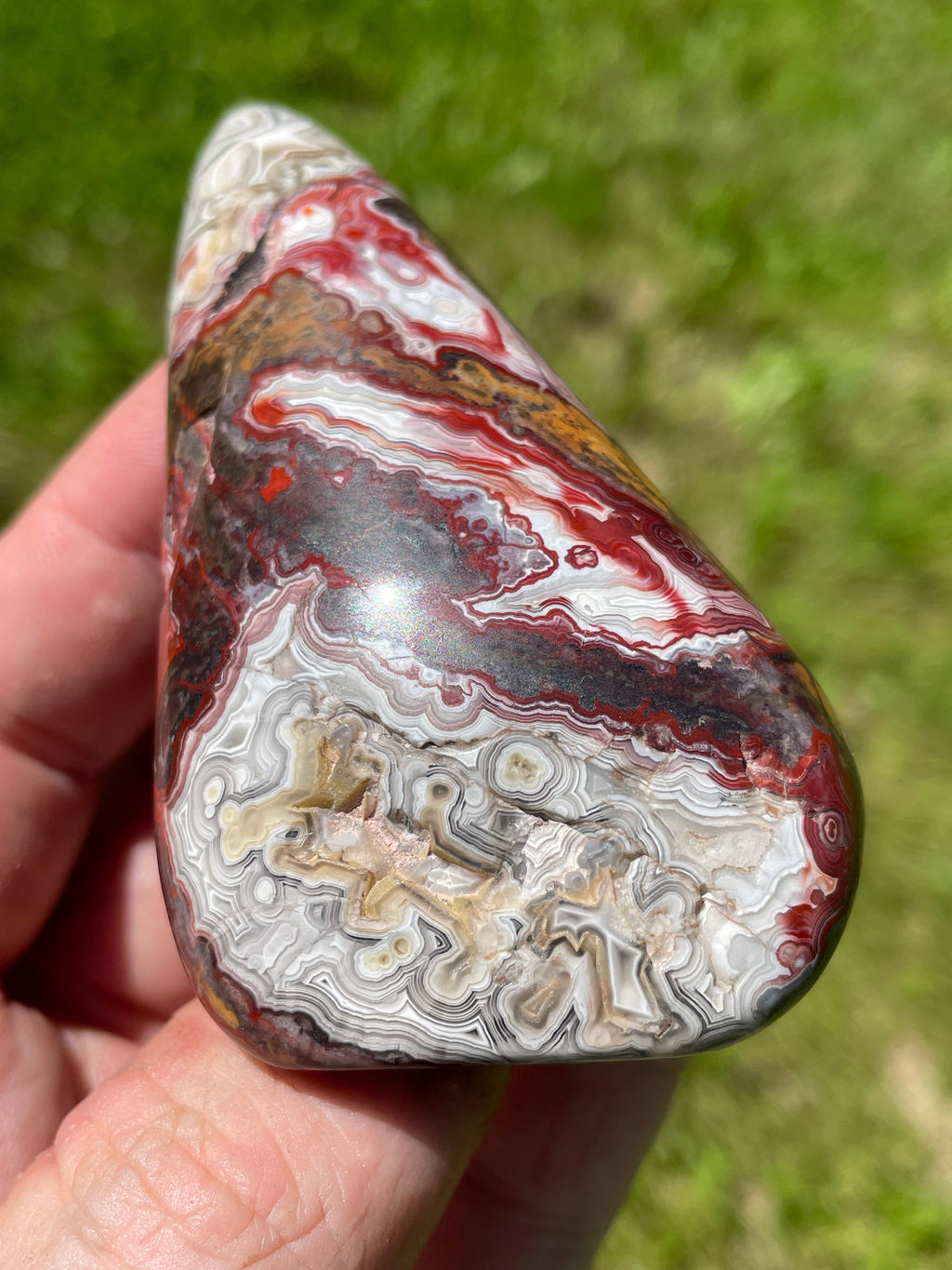 StoneBorn Creations Hand-Polished Lace Agate Freeform with Deep Crimson Banding, Intricate Fortification Patterns, and Natural Druzy Pocket