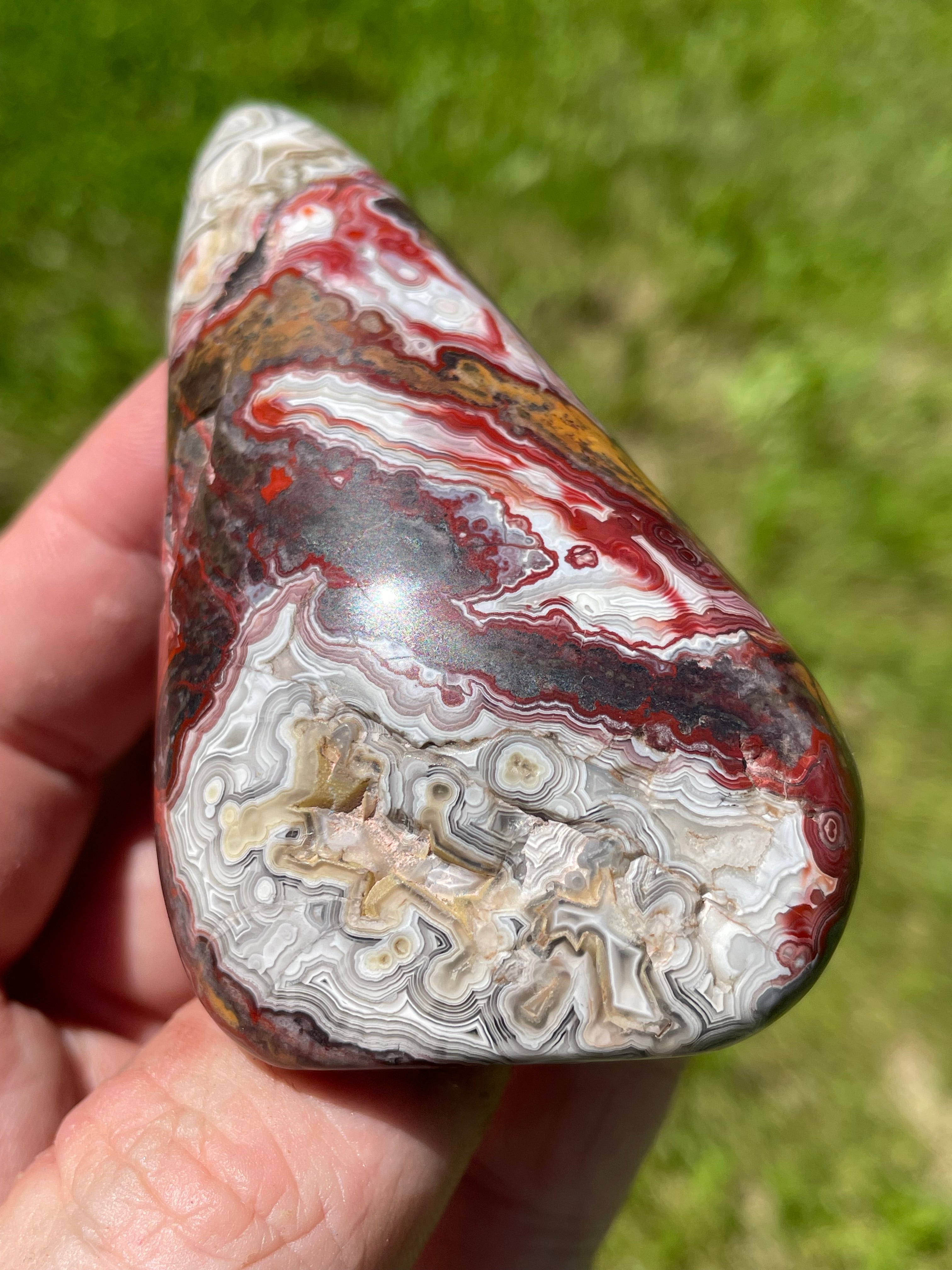 StoneBorn Creations Hand-Polished Lace Agate Freeform with Deep Crimson Banding, Intricate Fortification Patterns, and Natural Druzy Pocket