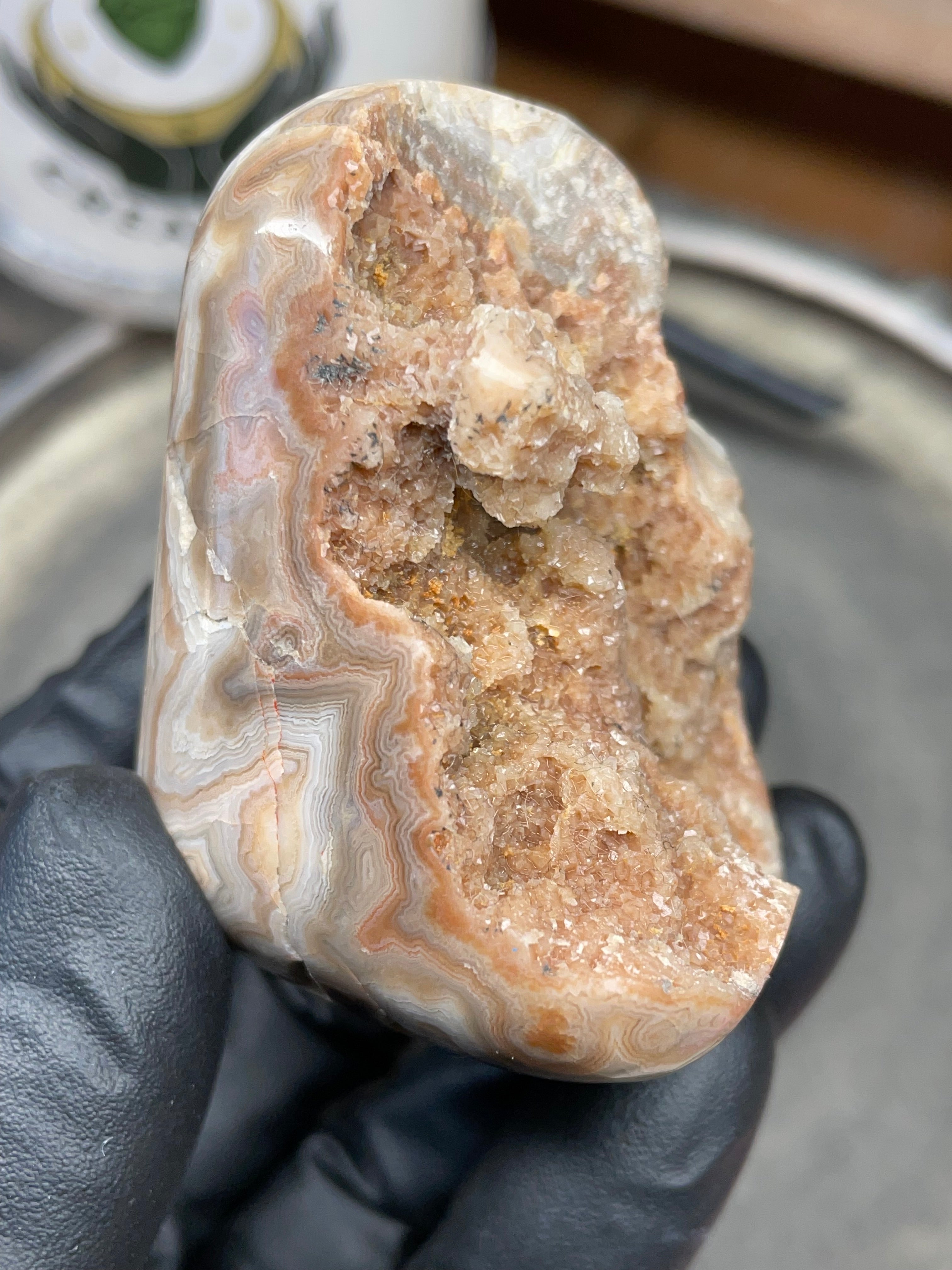 StoneBorn Creations – Hand Polished Georgia Lace Agate with Natural Druzy Crystal Pocket | One-of-a-Kind Display Stone