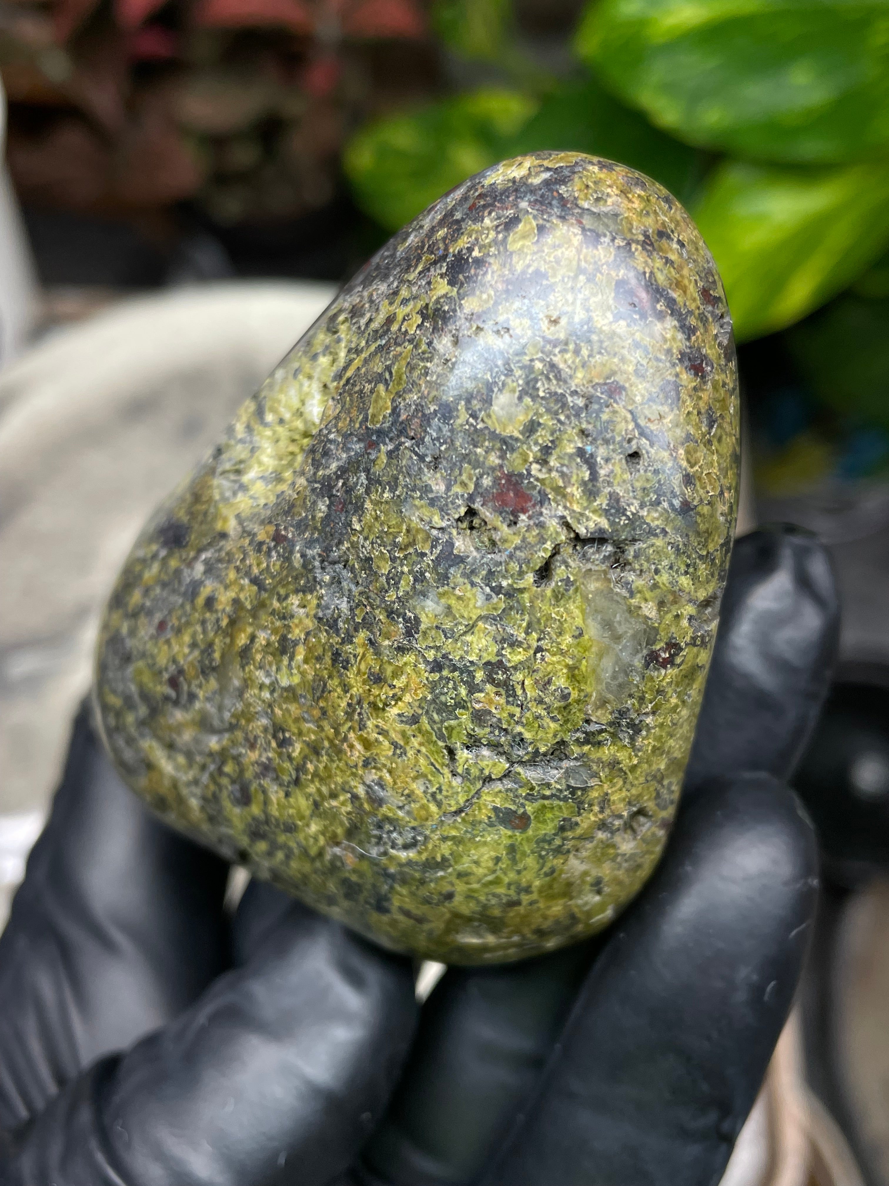 StoneBorn Creations Hand-Polished Vermont Serpentine with Garnet Flecking, Quartz Pockets, and Deep Olive Green Matrix Freeform Finish