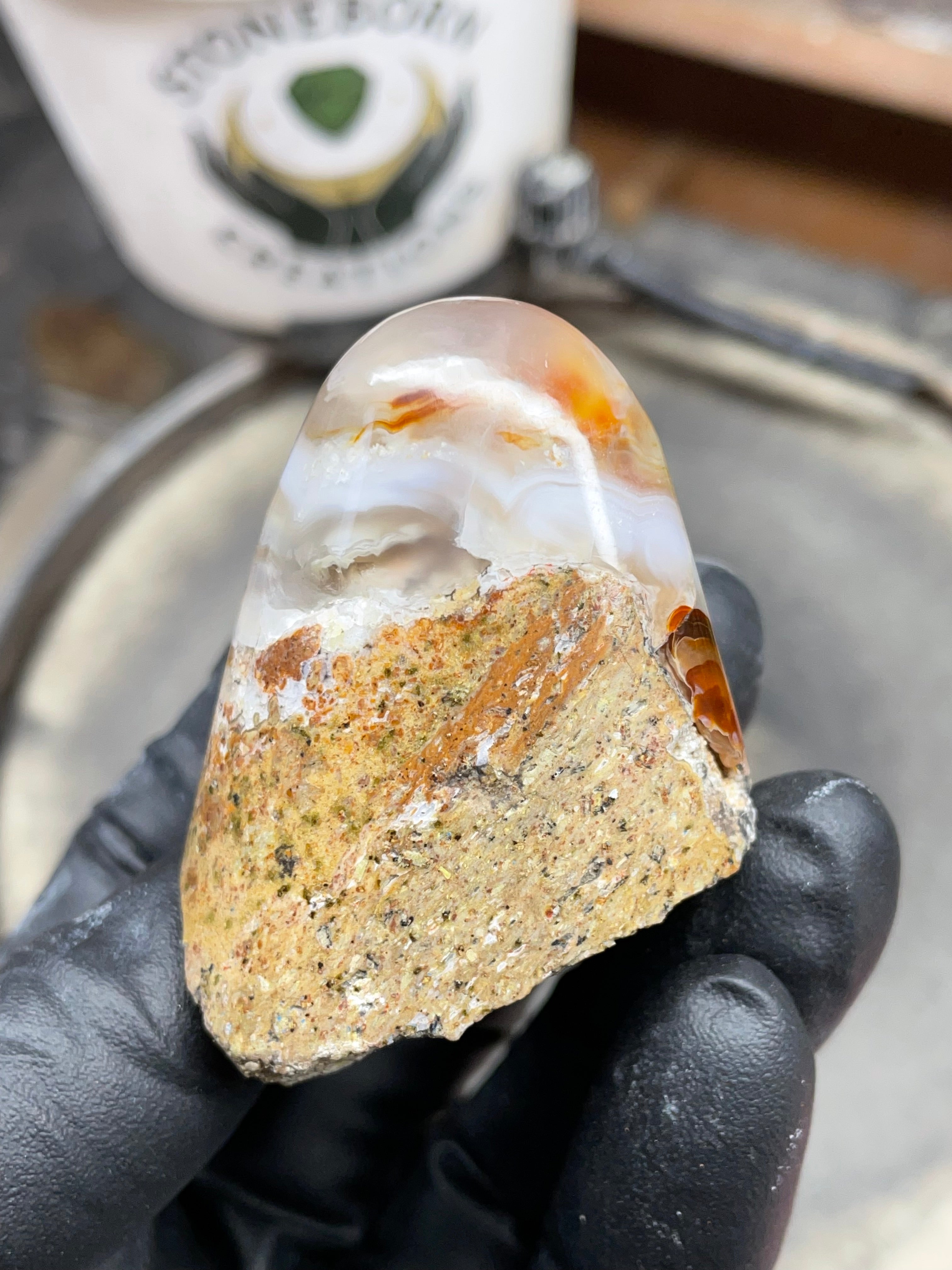 StoneBorn Creations Hand-Shaped Fire Agate with Natural Banding and Raw Matrix Base