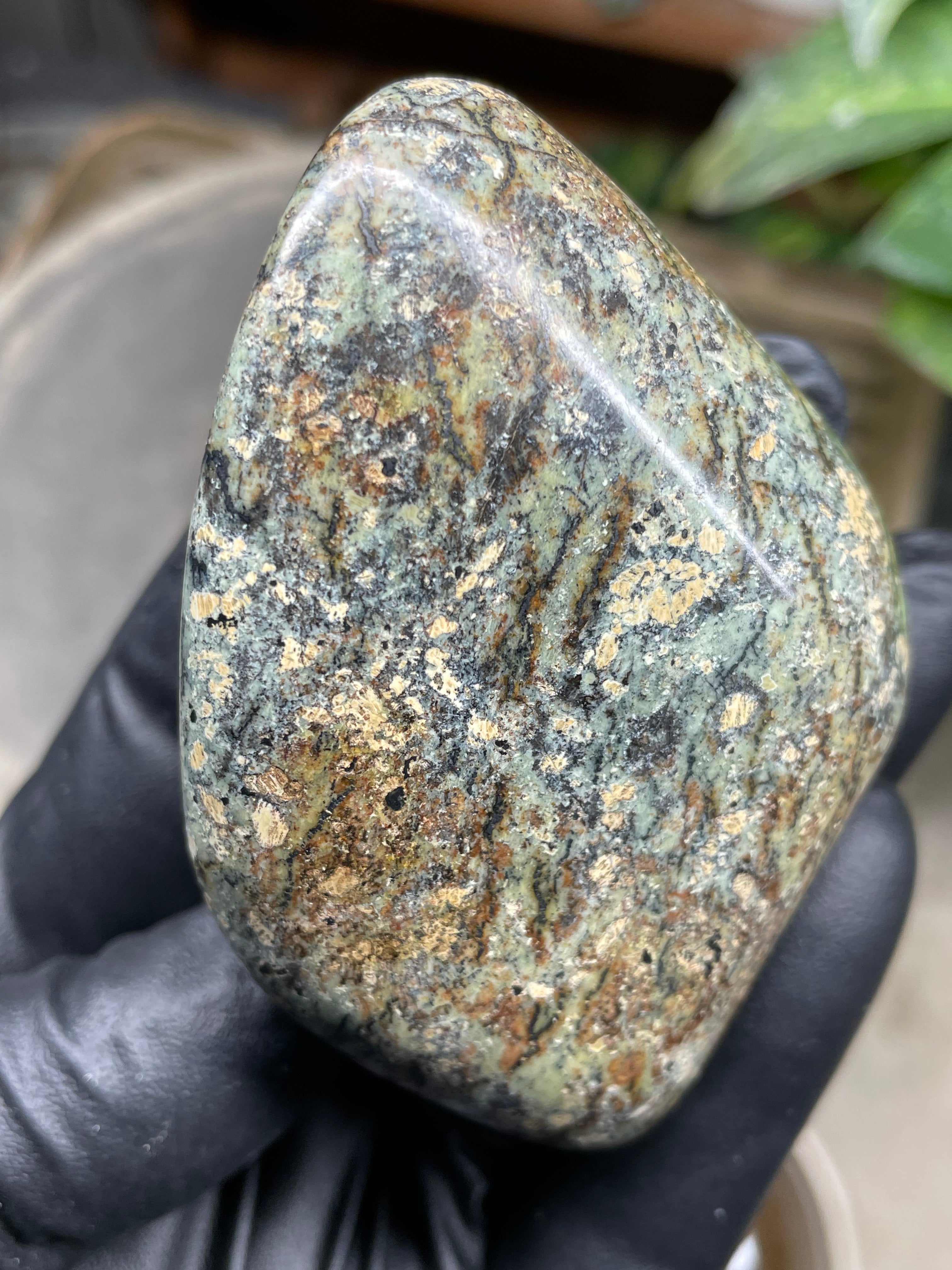 StoneBorn Creations Hand-Polished Vermont Serpentine Freeform with Moss Green Matrix, Earthy Iron Tones and Natural Organic Patterning
