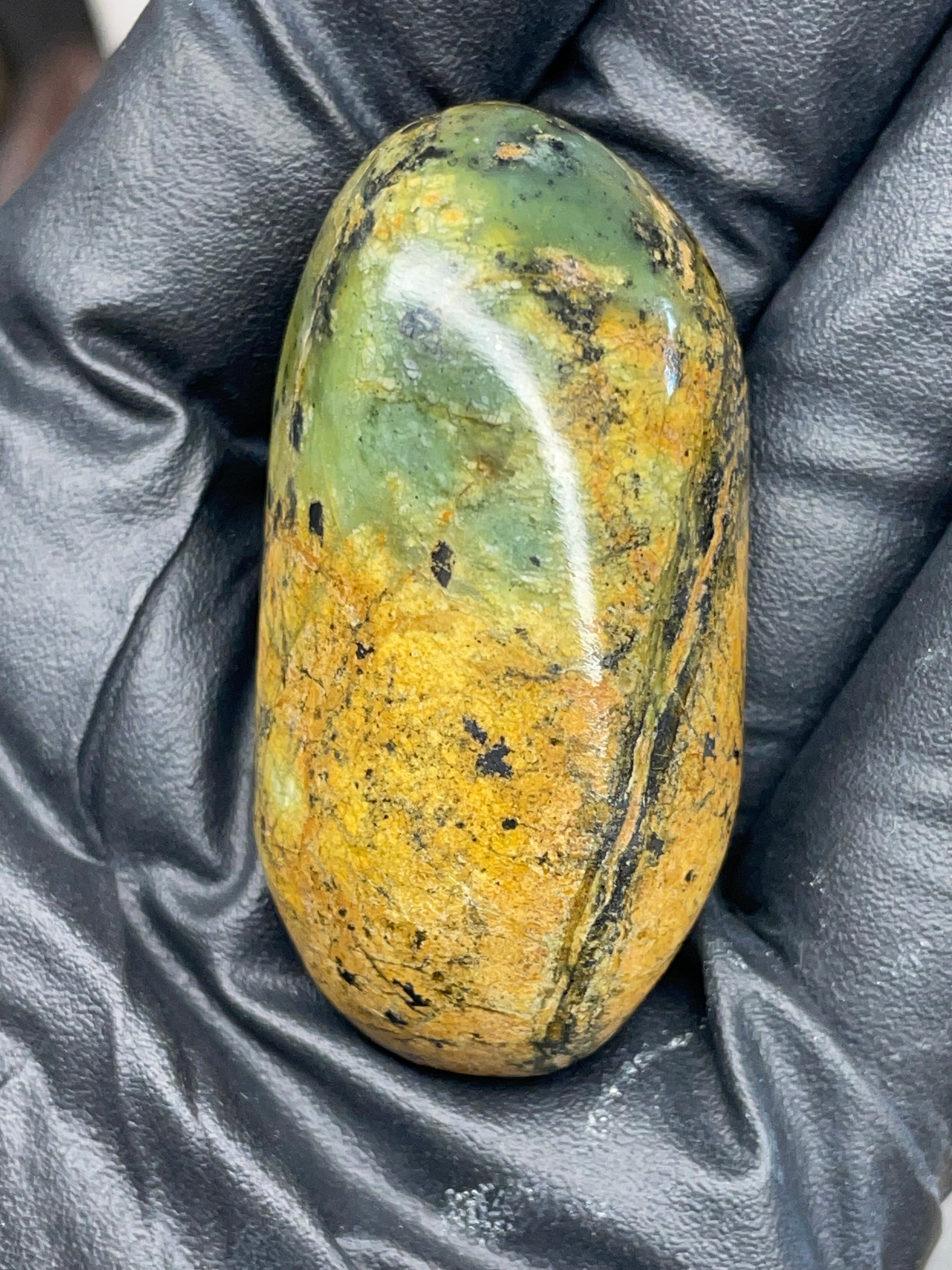 Hand Polished River-Found Serpentine Stone | Green & Gold Freeform | StoneBorn Creations