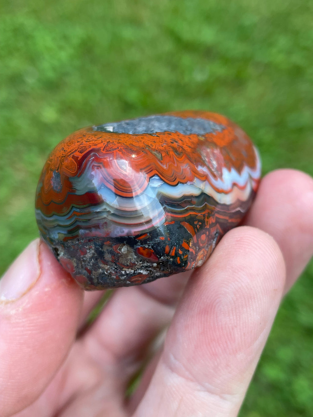 StoneBorn Creations Hand-Polished Lace Agate Freeform with Intricate Fortification Banding, Bold Red Plumes & Natural Druzy Matrix