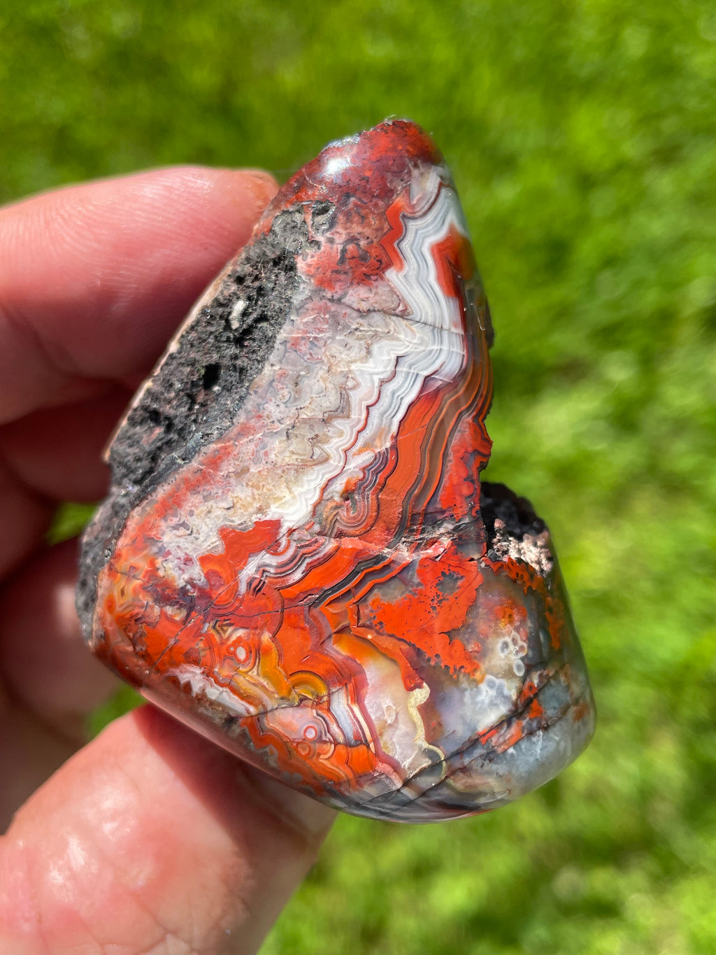 StoneBorn Creations Hand-Polished Lace Agate Freeform with Crimson Fortification Banding, Natural Druzy Pocket, and Preserved Volcanic Matrix