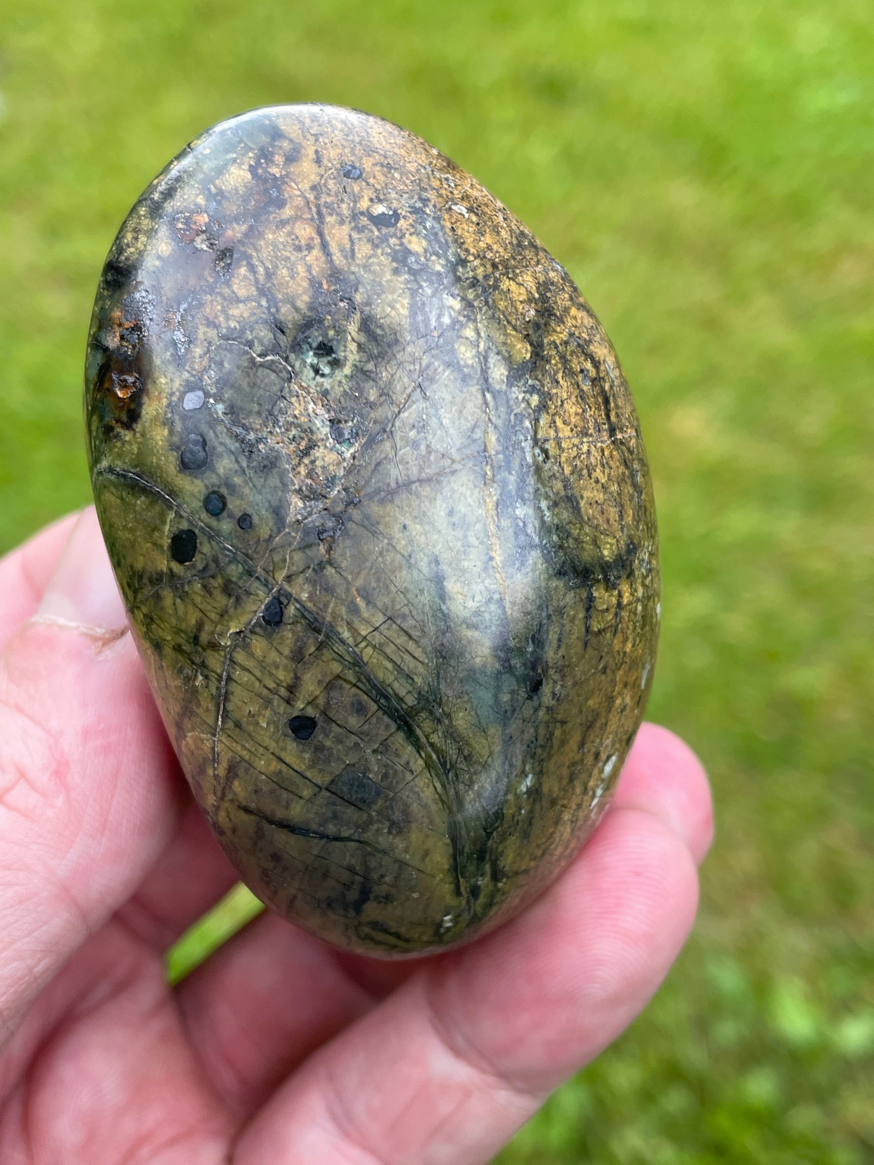 StoneBorn Creations Hand Polished Serpentine Freeform with Natural Olive Matrix, White Mineral Inclusions and Intricate Veining