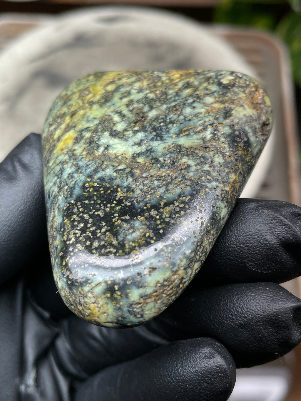 Hand-Polished Vermont Serpentine with Golden Flecking, Deep Green Tones, and Natural Matrix Freeform Finish