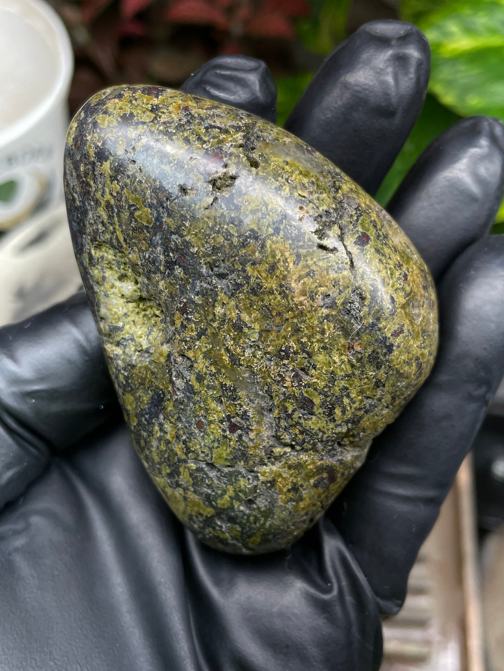 StoneBorn Creations Hand-Polished Vermont Serpentine with Garnet Flecking, Quartz Pockets, and Deep Olive Green Matrix Freeform Finish