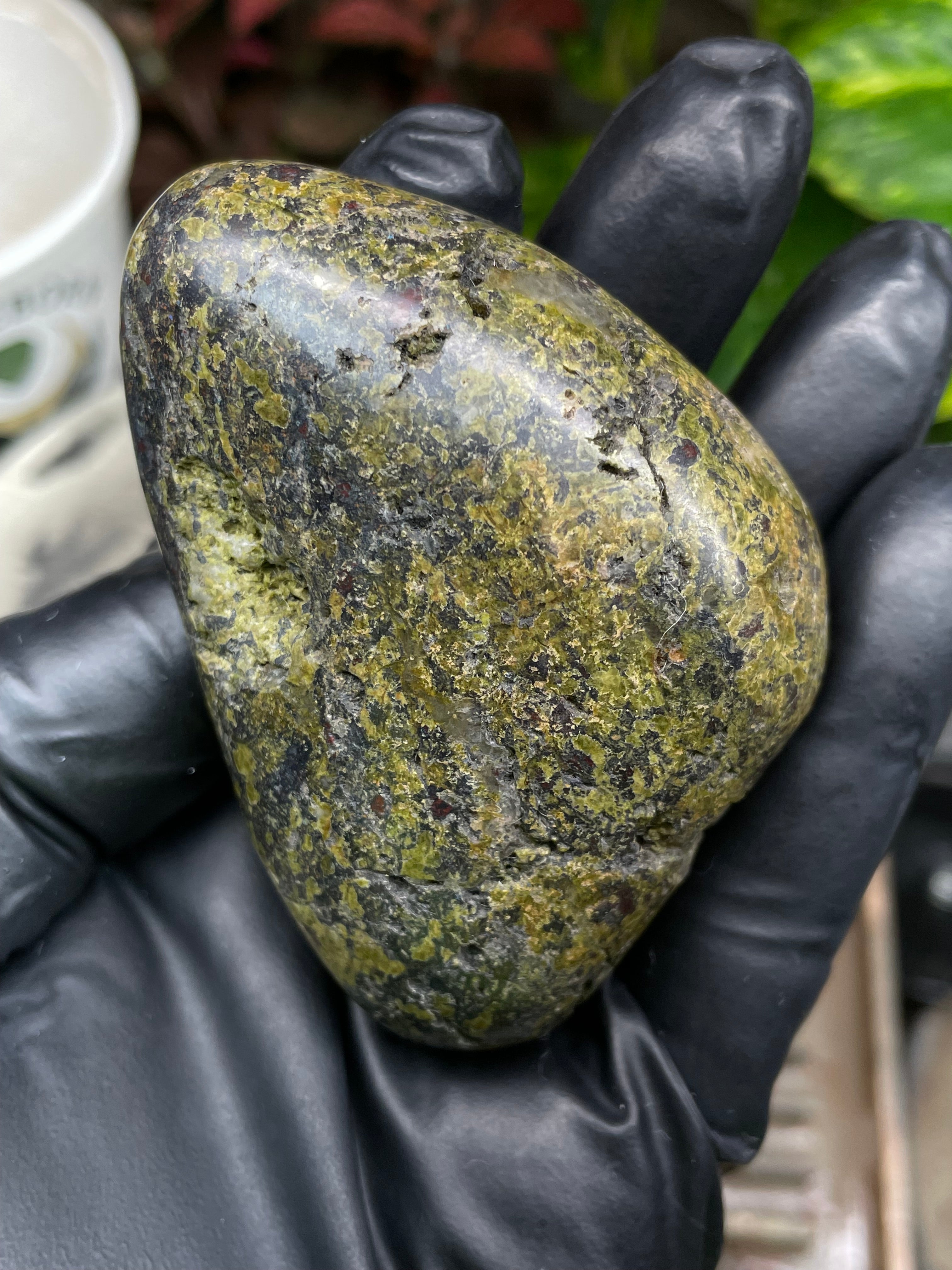 StoneBorn Creations Hand-Polished Vermont Serpentine with Garnet Flecking, Quartz Pockets, and Deep Olive Green Matrix Freeform Finish