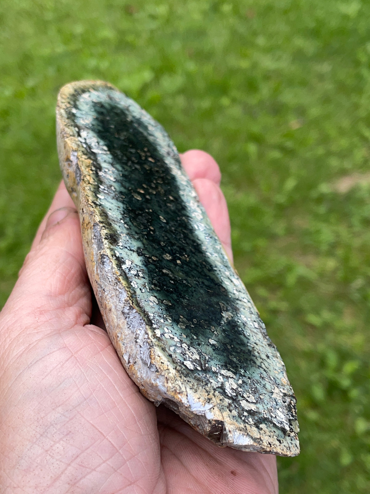 StoneBorn Creations – Deep Forest Green Serpentine Display Stone | Natural Polished Face with Black & Sage Green Mineral Patterns