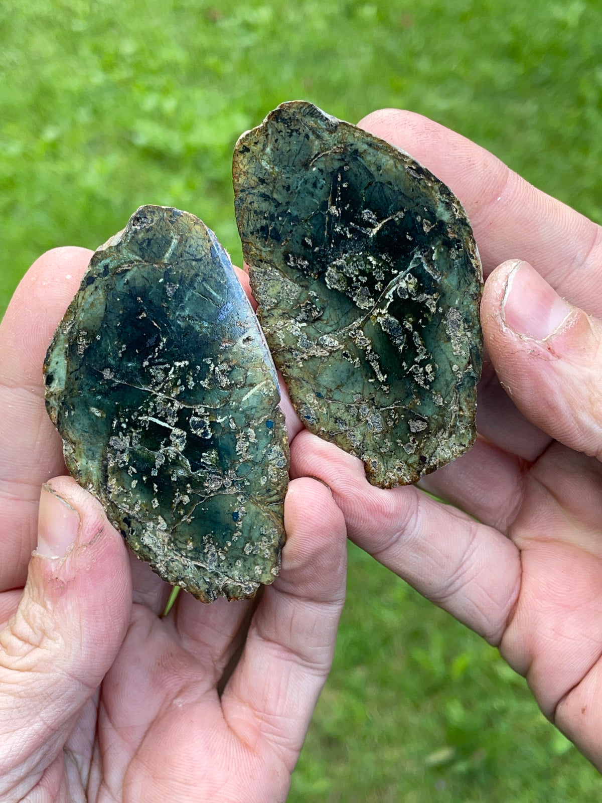 StoneBorn Creations Green Serpentine Matching Pair with Metallic Mineral Inclusions – Hand Polished