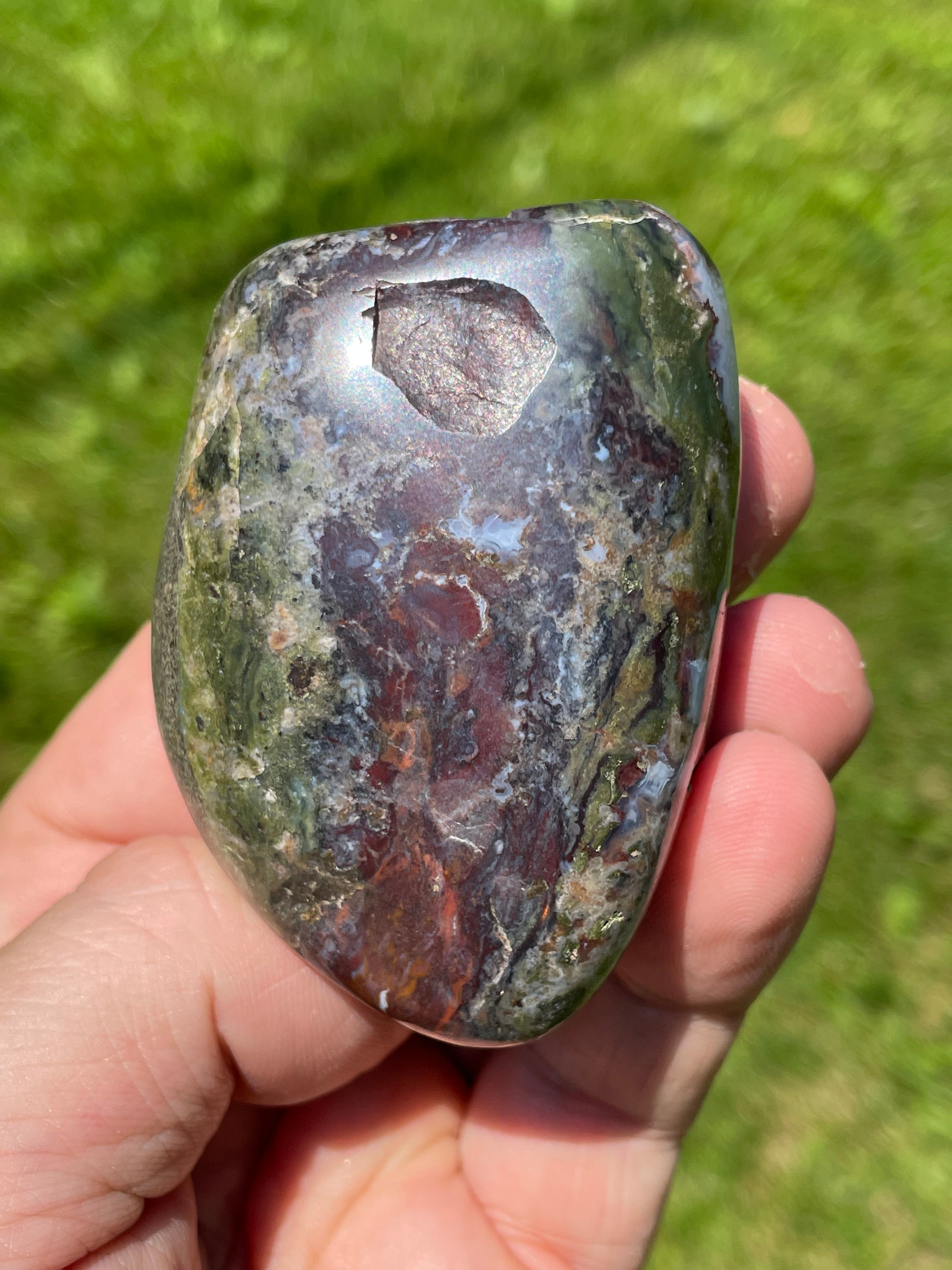 StoneBorn Creations Hand-Polished Green Serpentine & Red Jasper Freeform with Blue Chalcedony Pockets