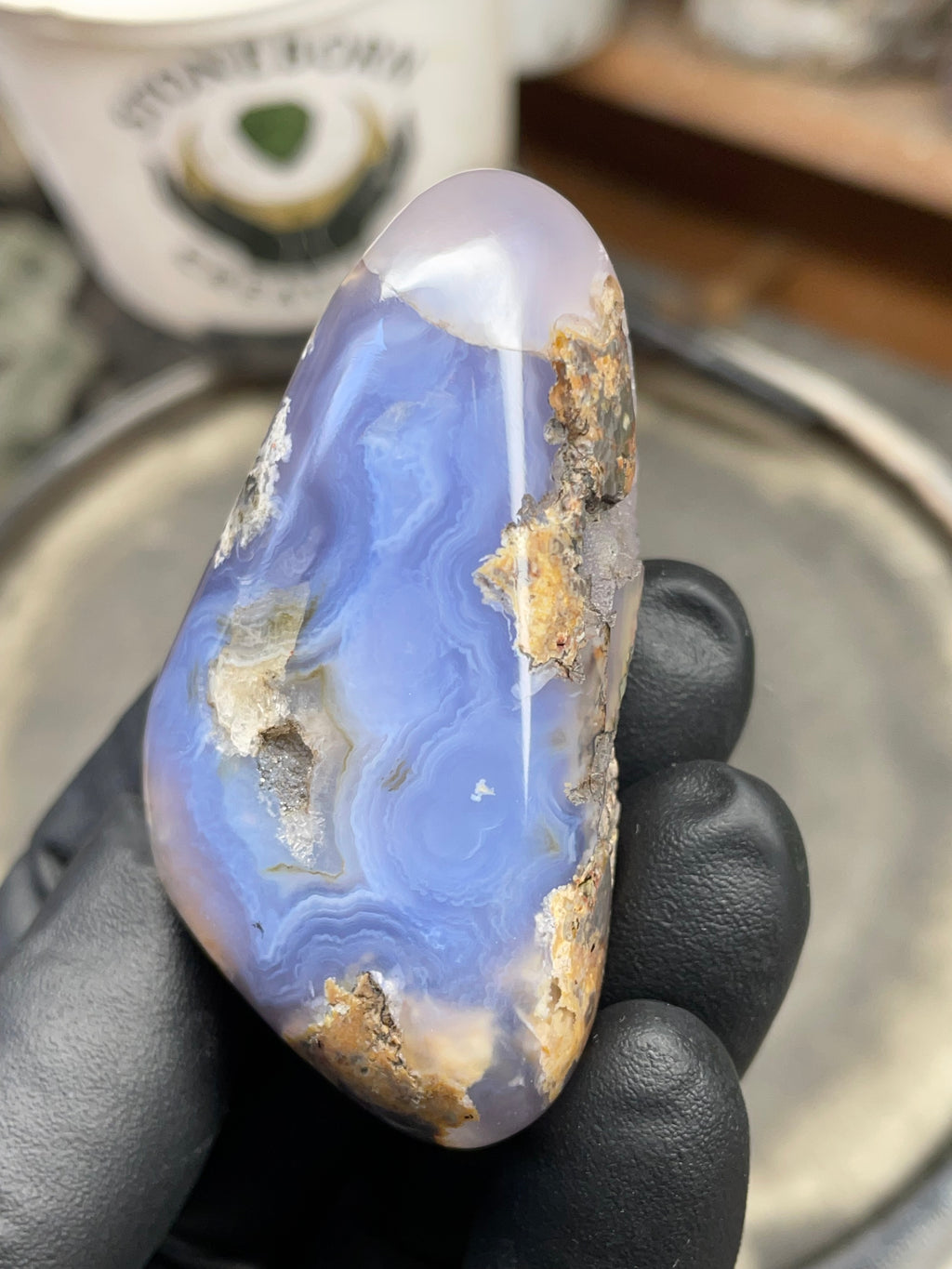 StoneBorn Creations Hand-Polished Blue Lace Agate with Natural Druzy Crystal Pocket & Earth-Toned Matrix