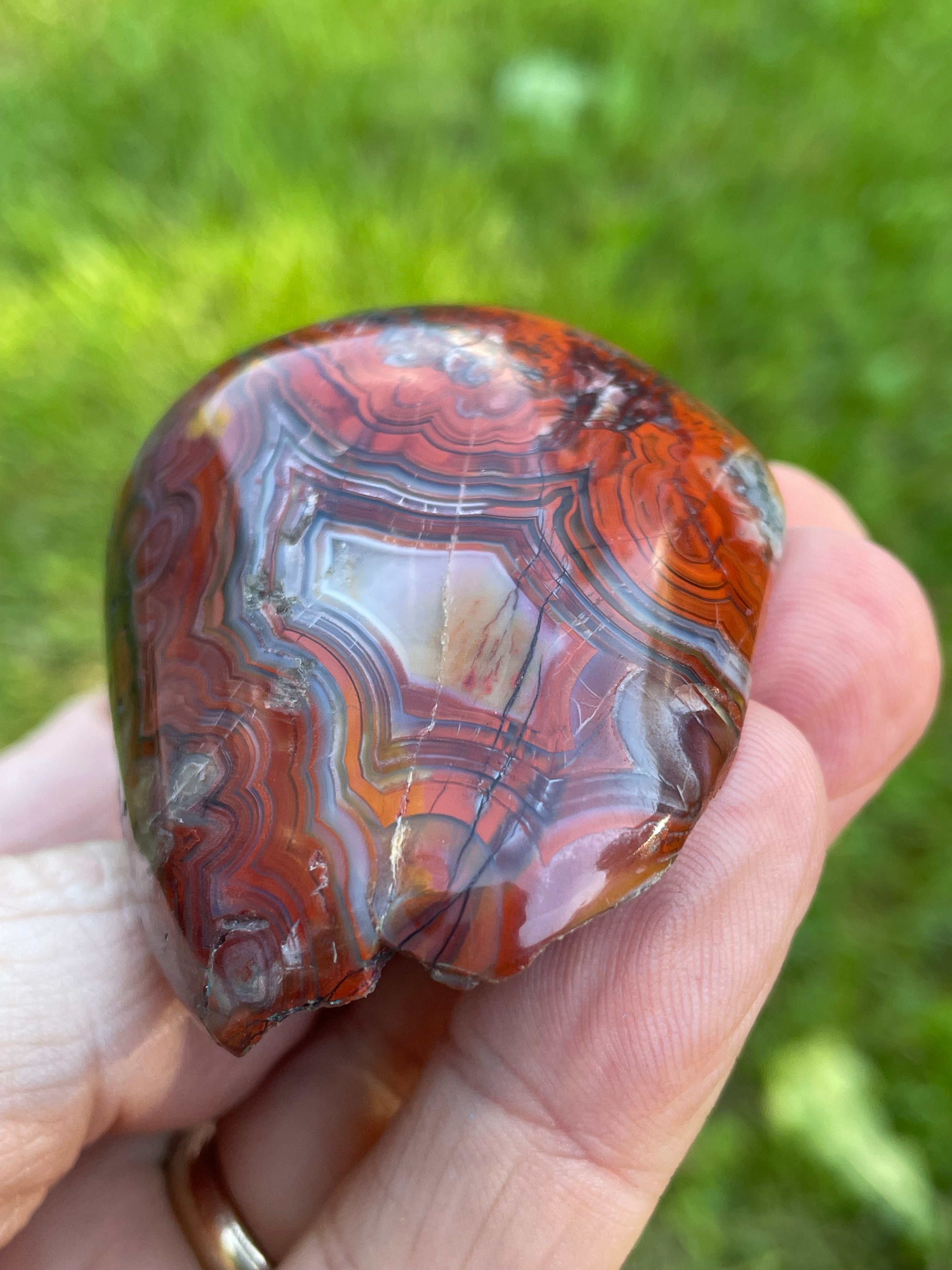 StoneBorn Creations Hand-Polished Lace Agate Freeform with Curved Polished Face, Fortification Banding, and Natural Raw Backing