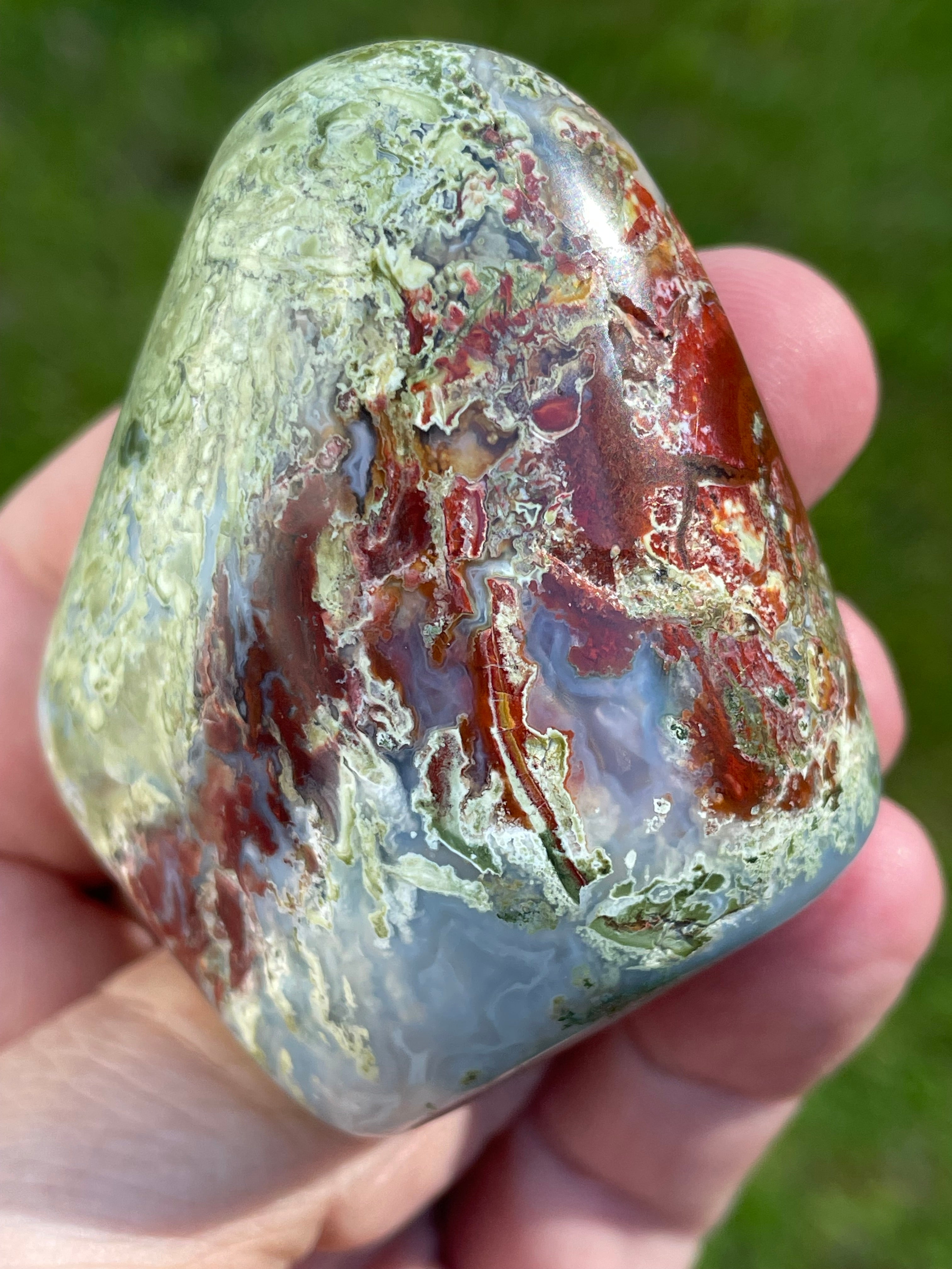 StoneBorn Creations Hand-Polished Agate Freeform with Blue Chalcedony, Deep Red Jasper Inclusions and Green Mossy Matrix