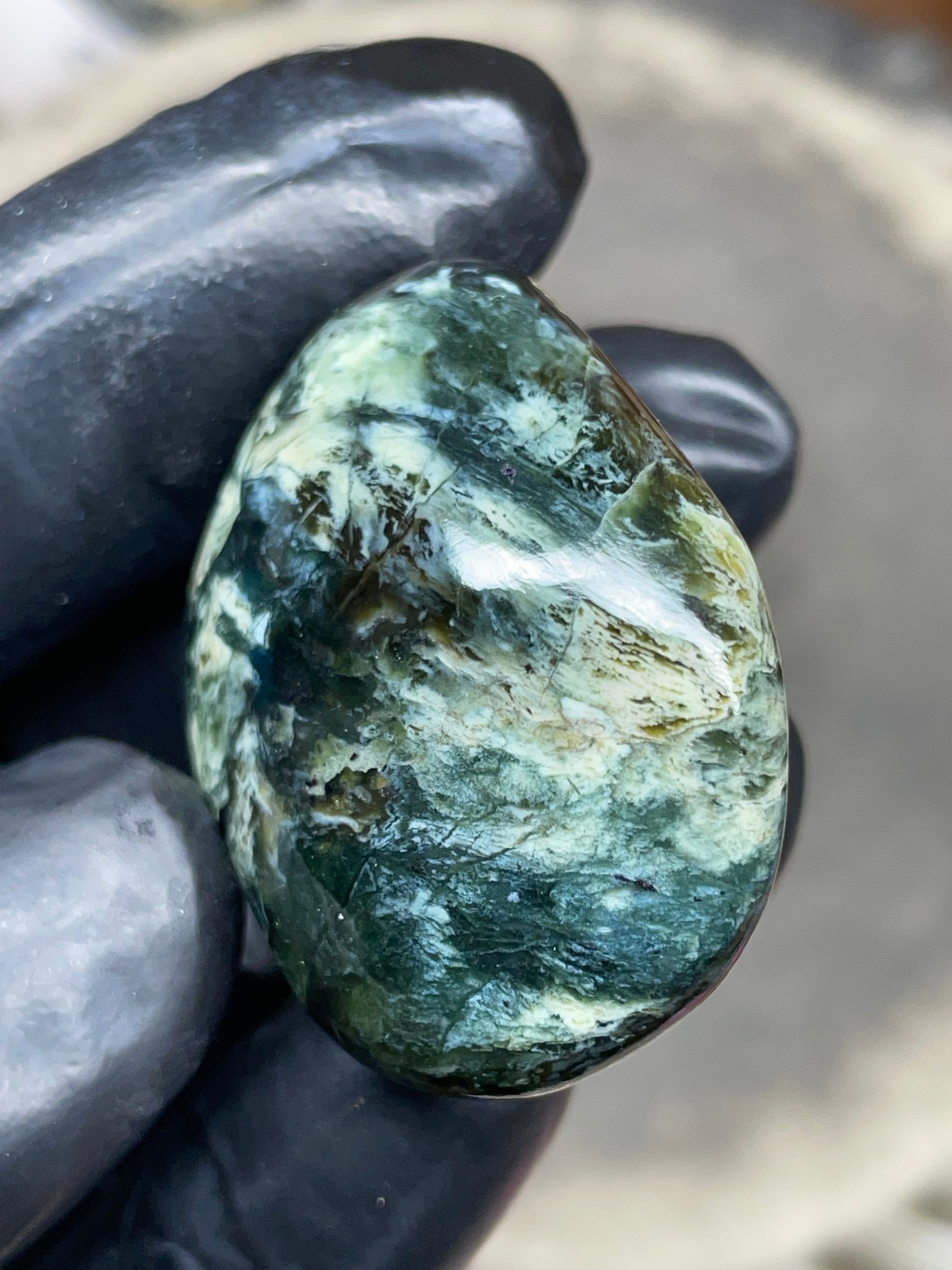 StoneBorn Creations Hand-Polished Vermont Serpentine – Deep Green Natural Patterns – One-of-a-Kind Display Stone