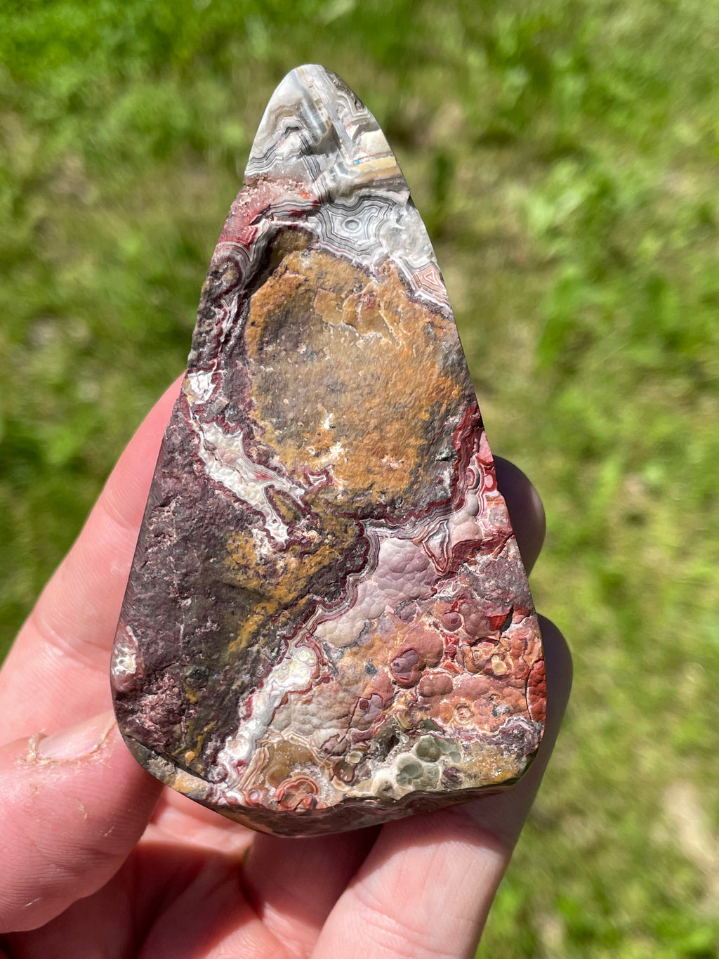 StoneBorn Creations Hand-Polished Lace Agate Freeform with Deep Crimson Banding, Intricate Fortification Patterns, and Natural Druzy Pocket