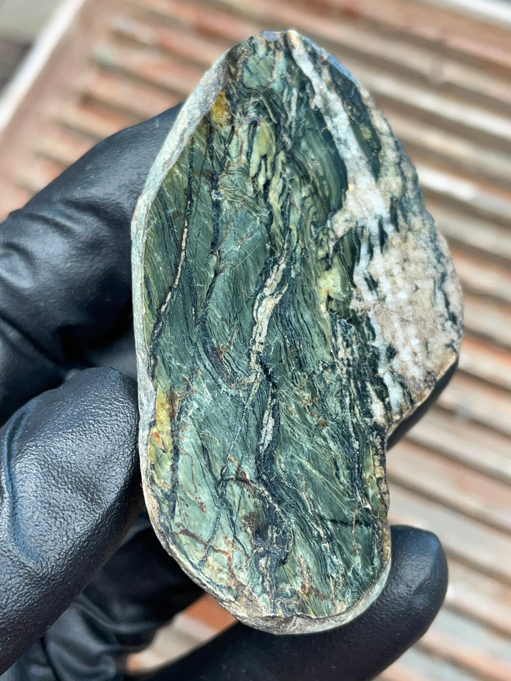 StoneBorn Creations | Polished Vermont Greenstone Slab — Flowing Forest Bands + Quartz Seam
