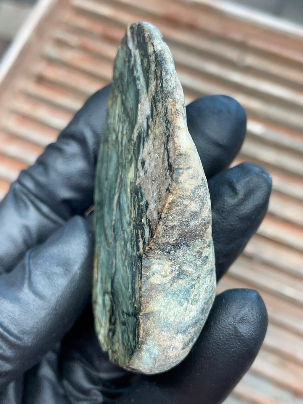StoneBorn Creations | Polished Vermont Greenstone Slab — Flowing Forest Bands + Quartz Seam