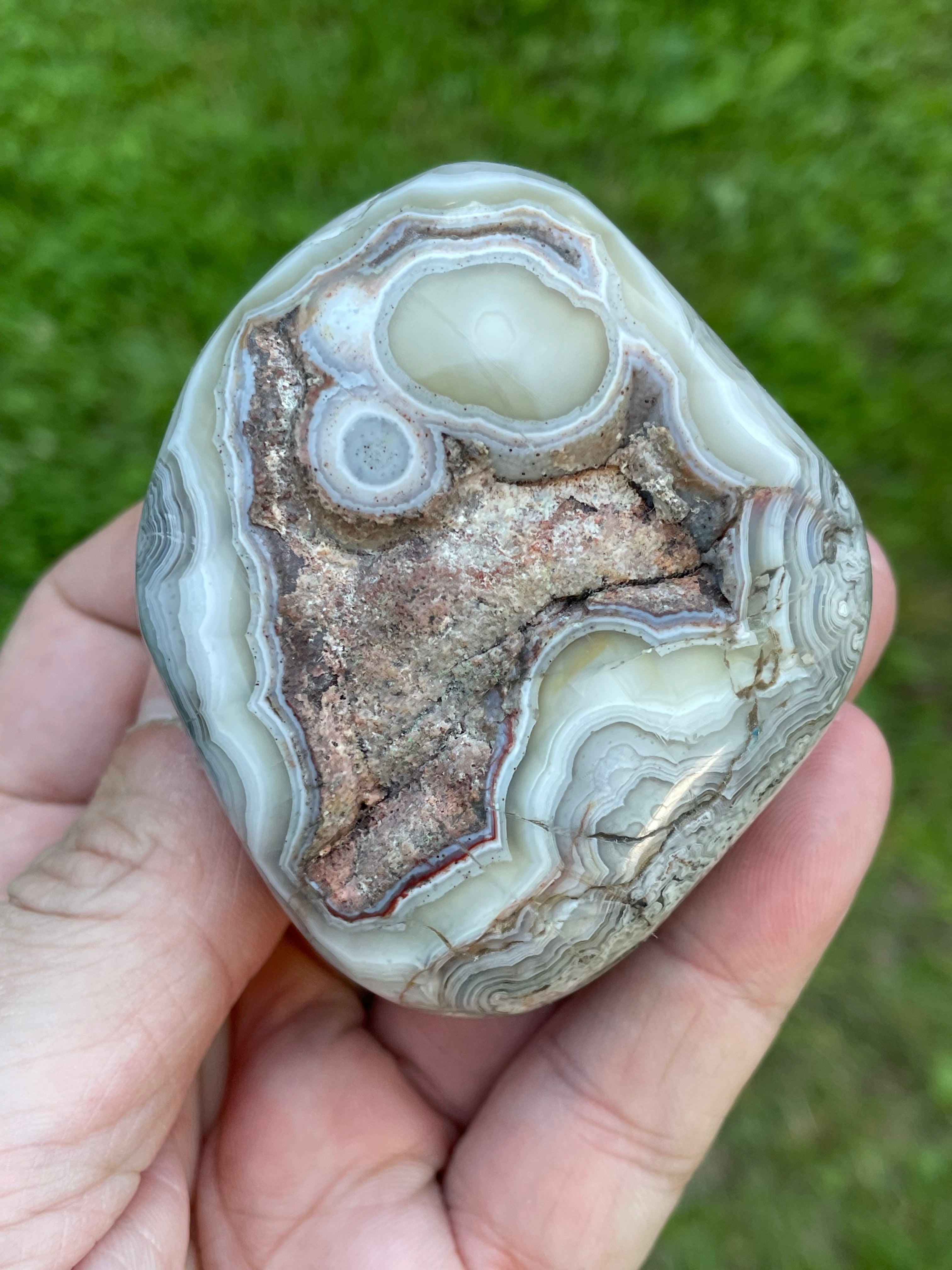 StoneBorn Creations Hand-Polished Lace Agate Freeform with Intricate Fortification Banding, Orbicular Eyes, Natural Matrix & Curved Display Face