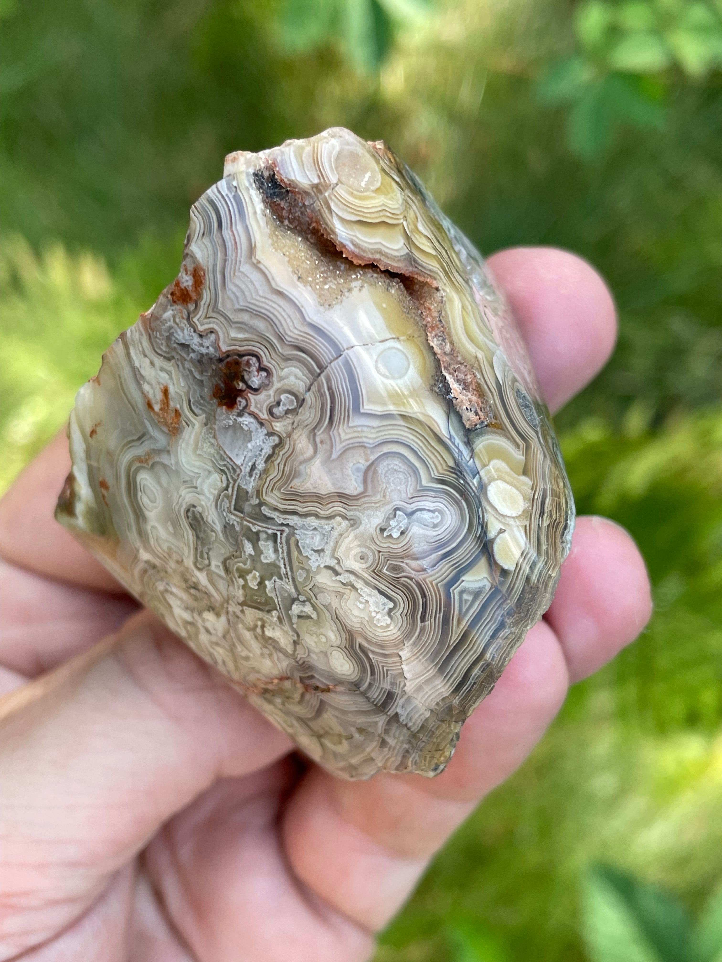 StoneBorn Creations Hand-Polished Lace Agate Freeform with Intricate Fortification Banding, Orbicular Eyes & Natural Druzy Quartz Pocket
