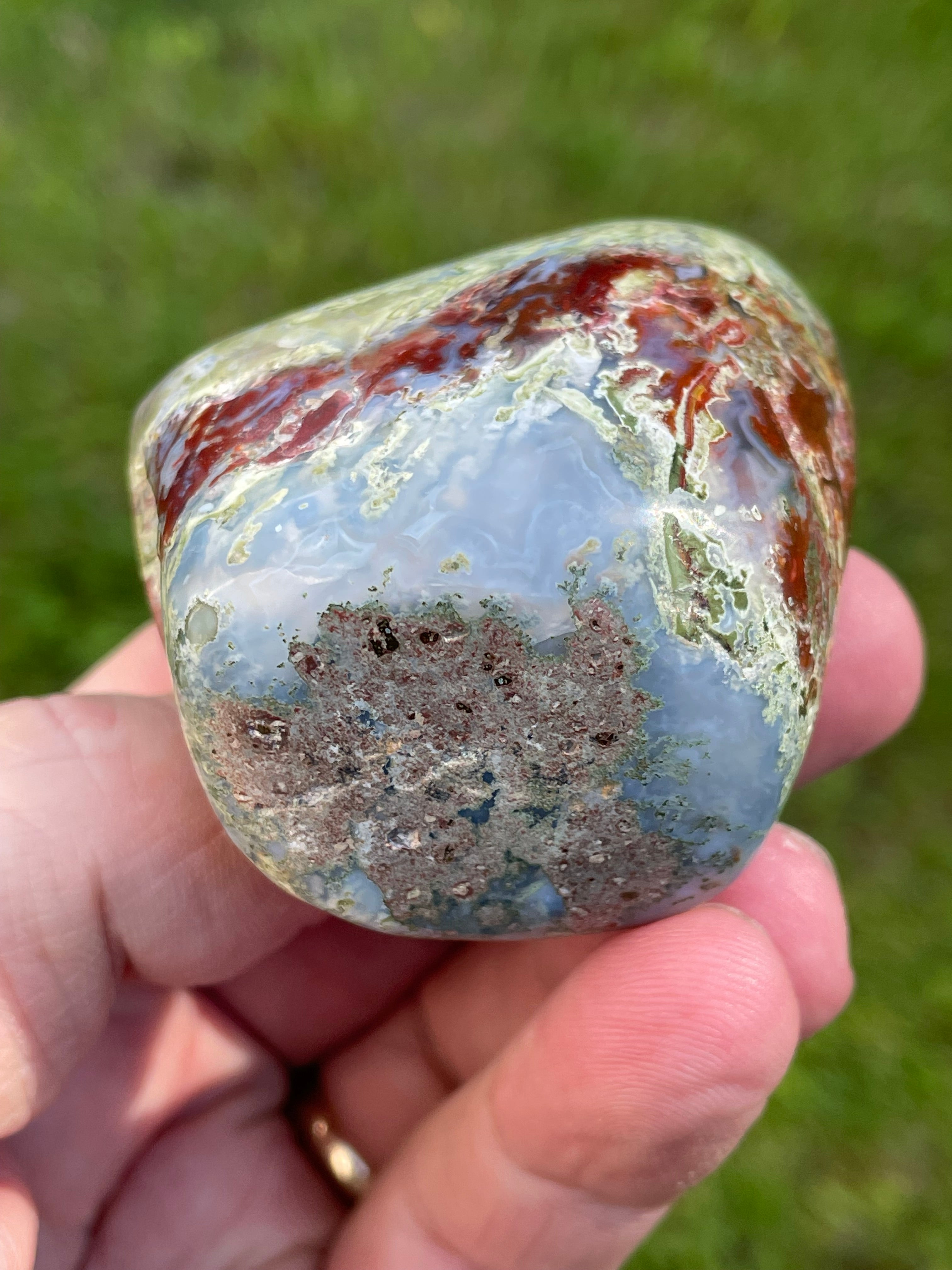 StoneBorn Creations Hand-Polished Agate Freeform with Blue Chalcedony, Deep Red Jasper Inclusions and Green Mossy Matrix