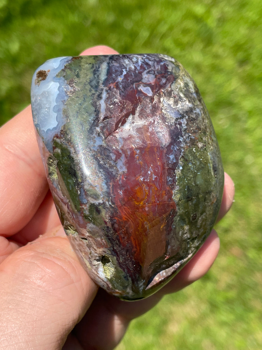 StoneBorn Creations Hand-Polished Green Serpentine & Red Jasper Freeform with Blue Chalcedony Pockets
