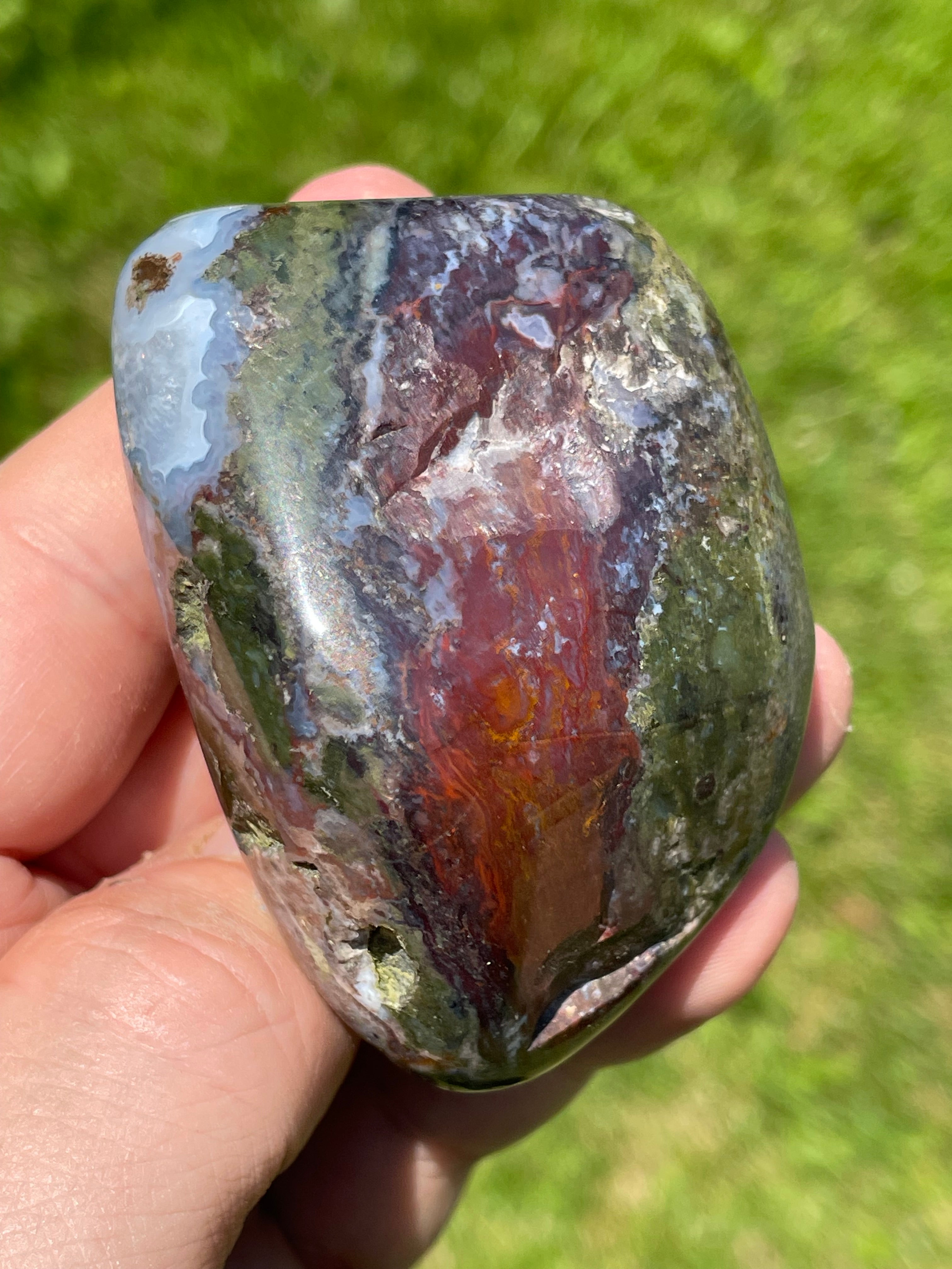 StoneBorn Creations Hand-Polished Green Serpentine & Red Jasper Freeform with Blue Chalcedony Pockets