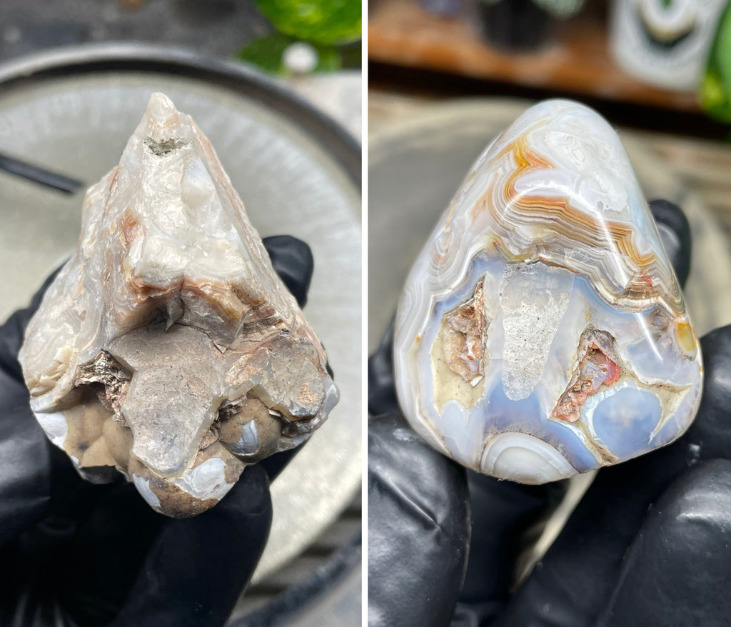 StoneBorn Creations Hand Polished Banded Agate Freeform – Natural Lace Patterns, Raw Base with Fully Shaped Top Display Stone