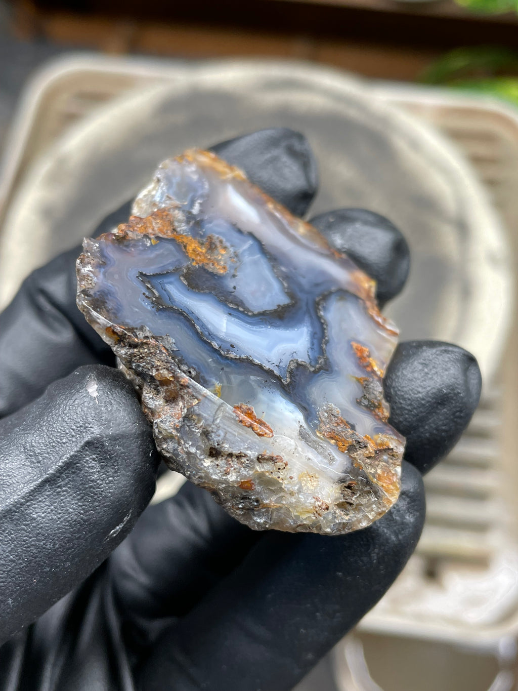 StoneBorn Creations Hand-Polished Banded Agate Pair – Cut Matching Halves with Steel-Blue Fortification Bands