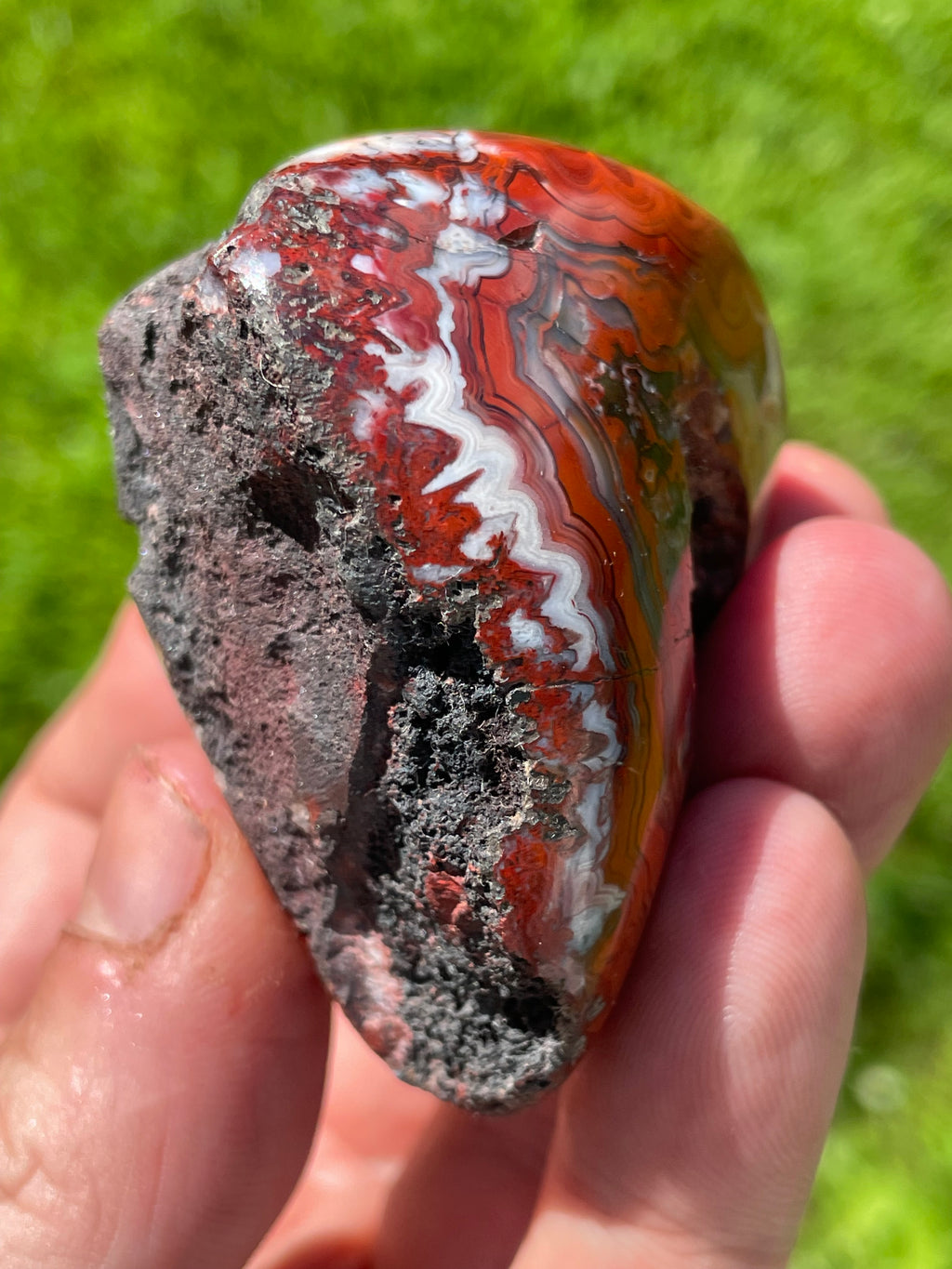 StoneBorn Creations Hand-Polished Lace Agate Freeform with Crimson Fortification Banding, Natural Druzy Pocket, and Preserved Volcanic Matrix