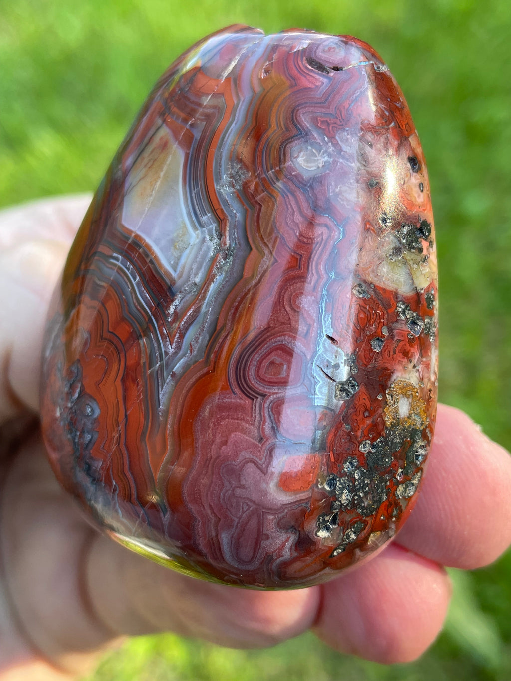 StoneBorn Creations Hand-Polished Lace Agate Freeform with Curved Polished Face, Fortification Banding, and Natural Raw Backing