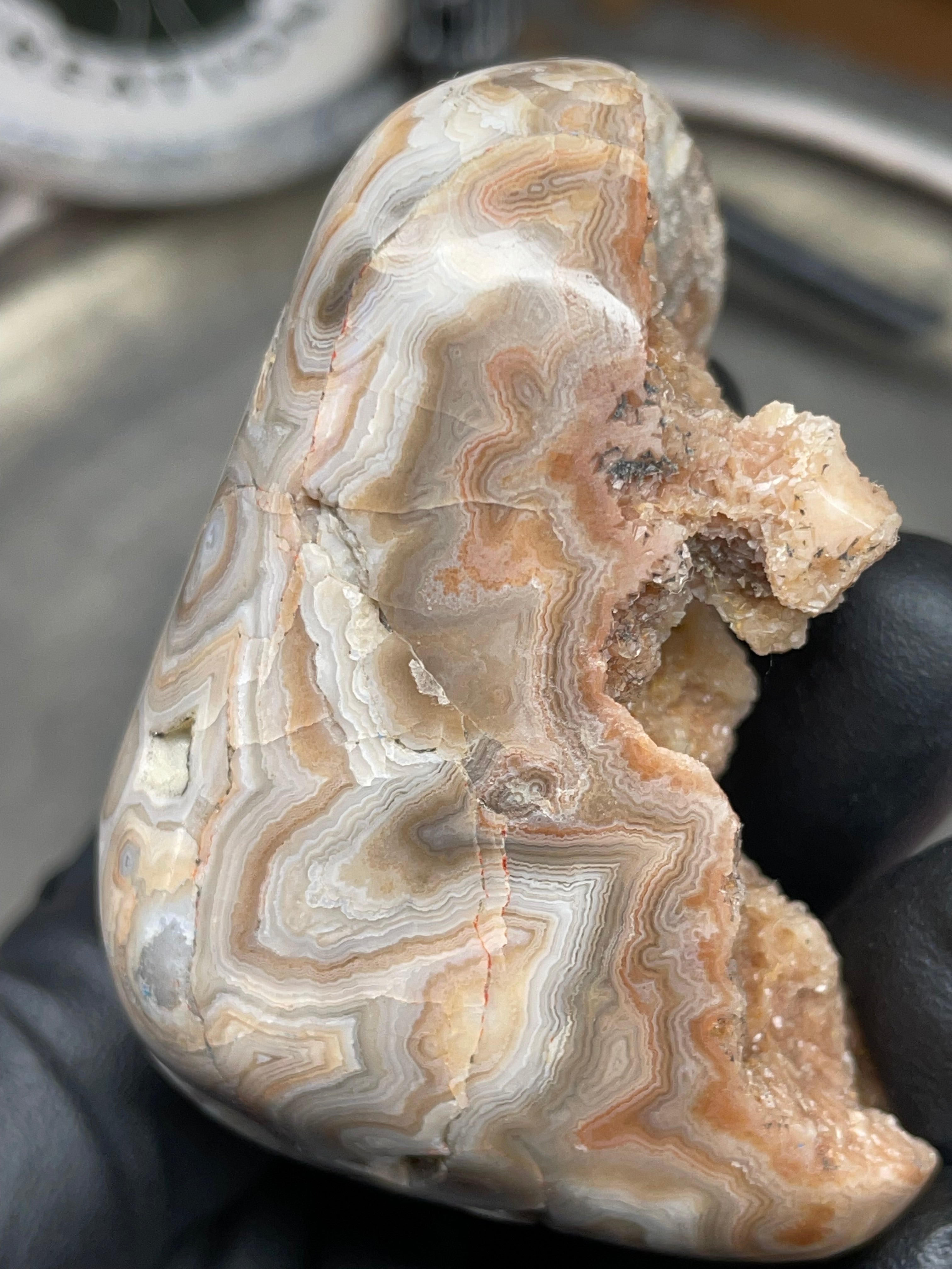 StoneBorn Creations – Hand Polished Georgia Lace Agate with Natural Druzy Crystal Pocket | One-of-a-Kind Display Stone