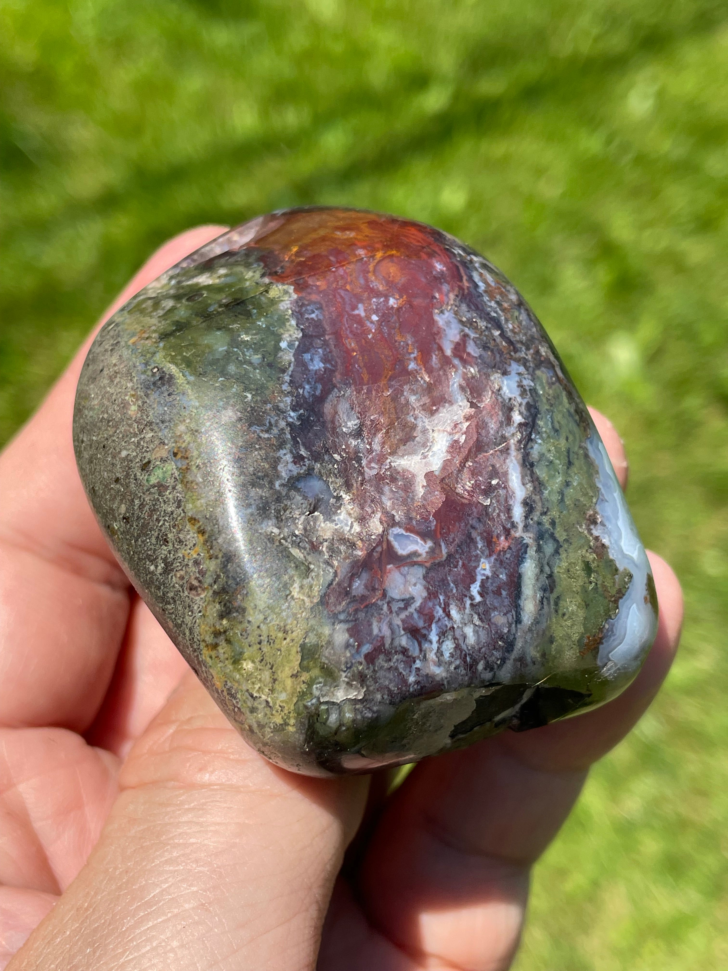 StoneBorn Creations Hand-Polished Green Serpentine & Red Jasper Freeform with Blue Chalcedony Pockets