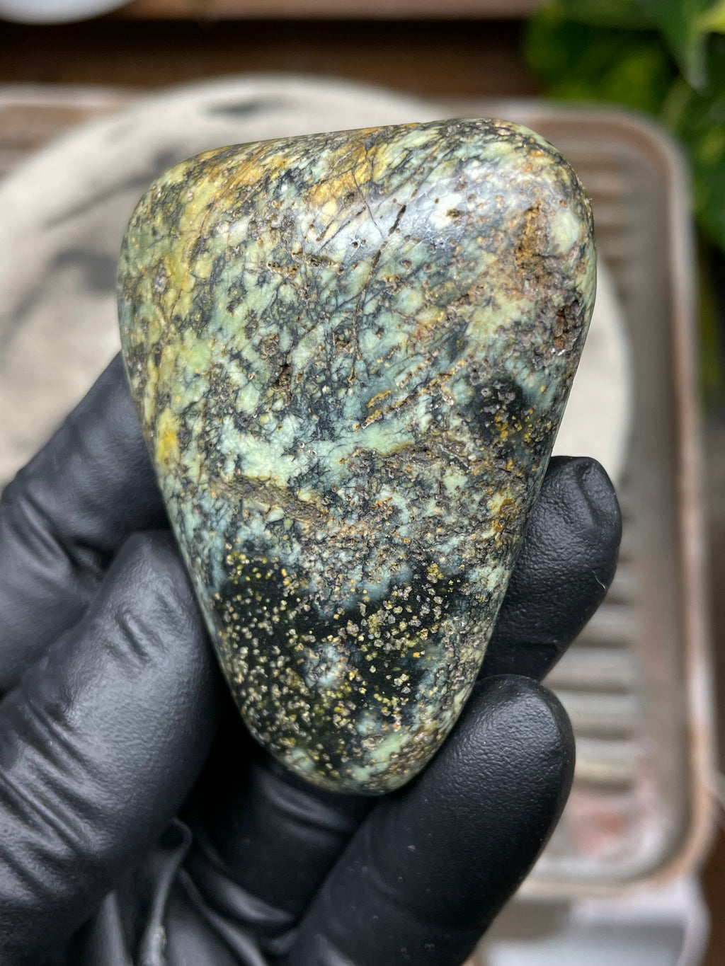 Hand-Polished Vermont Serpentine with Golden Flecking, Deep Green Tones, and Natural Matrix Freeform Finish