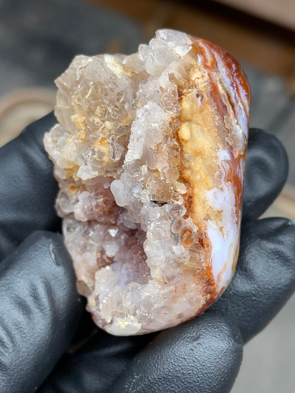 StoneBorn Creations Hand-Polished Fire Agate with Raw Crystal Top – Banded Natural Agate Display Stone