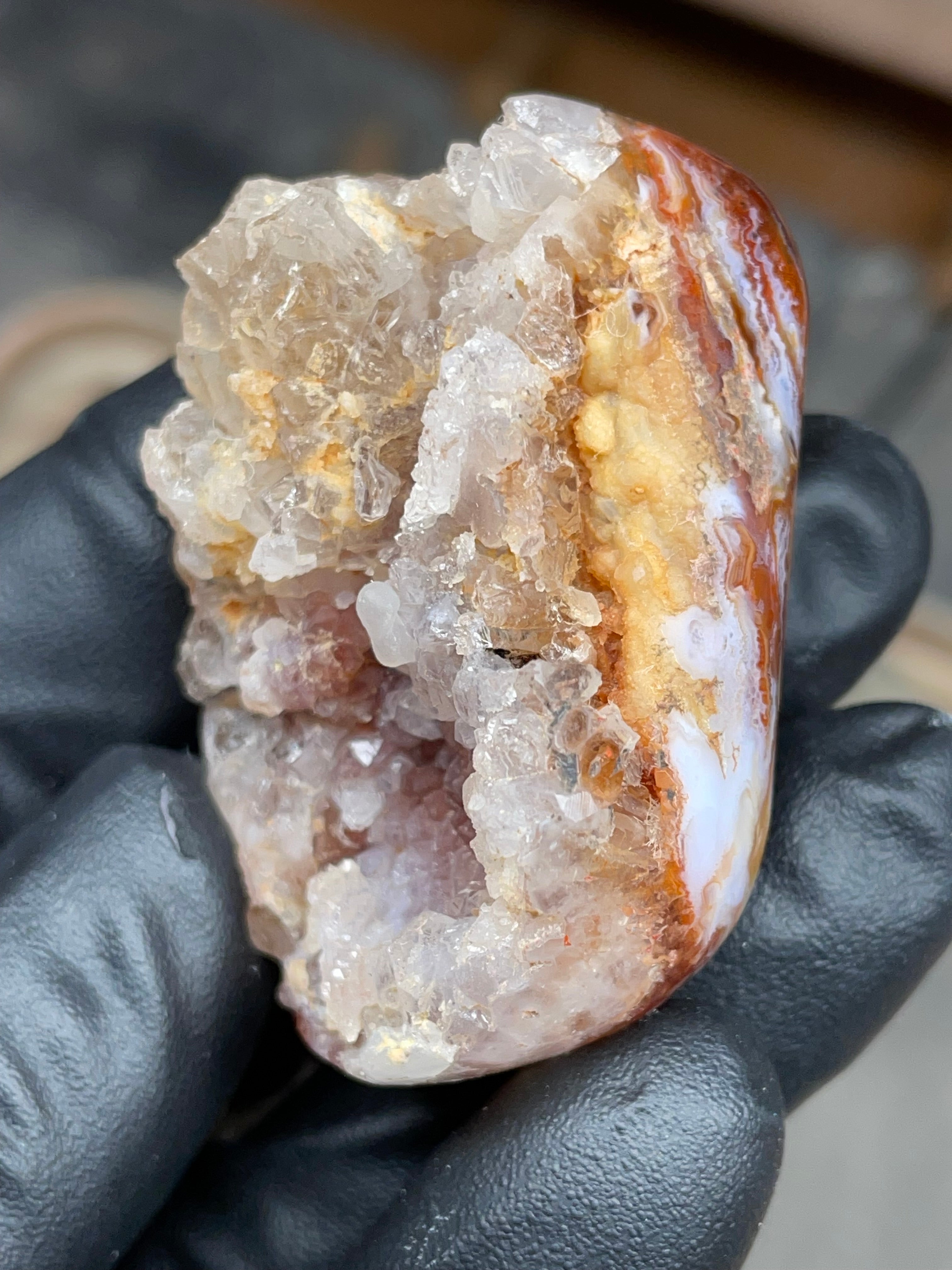 StoneBorn Creations Hand-Polished Fire Agate with Raw Crystal Top – Banded Natural Agate Display Stone