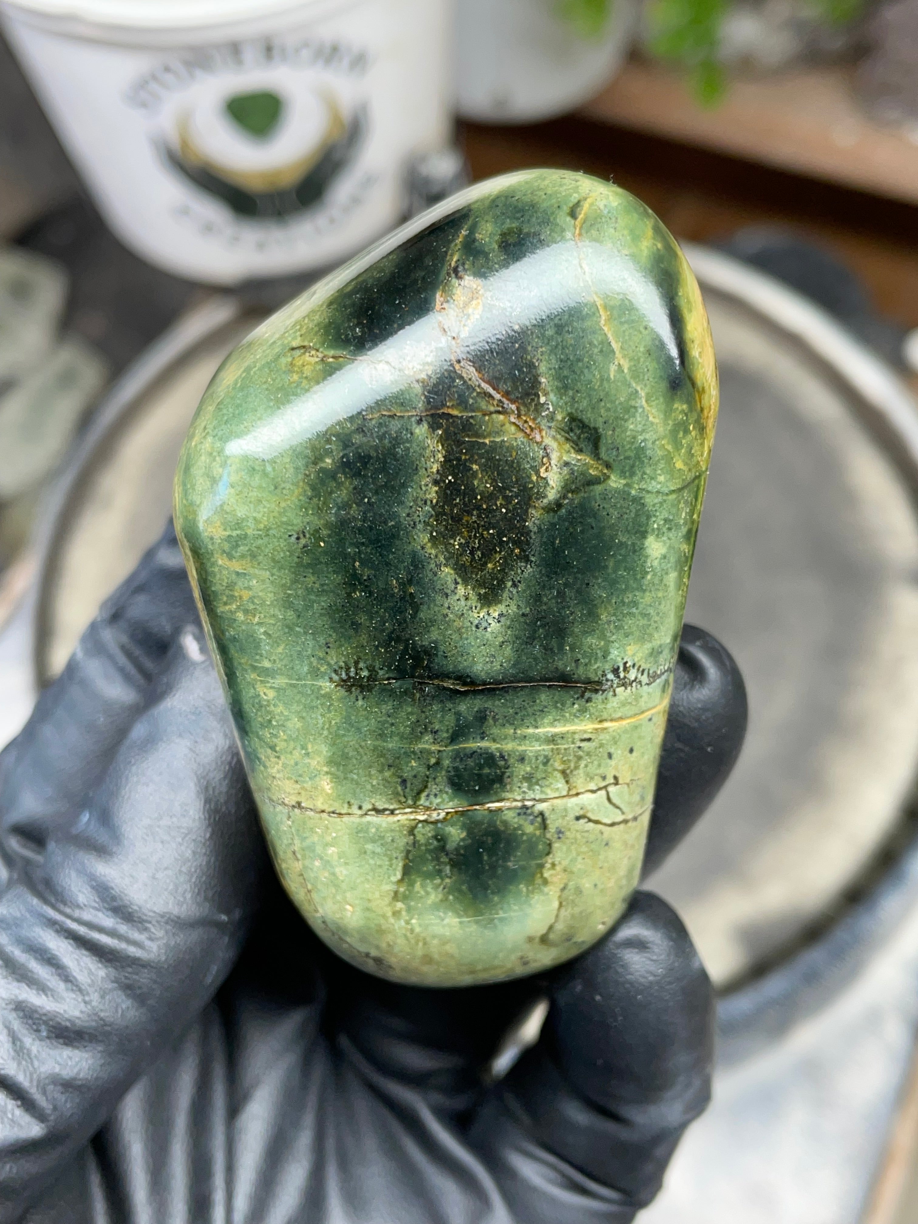 StoneBorn Creations Hand Polished Vermont Serpentine with Deep Forest Greens and Natural Gold Flecking – One of a Kind Display Stone