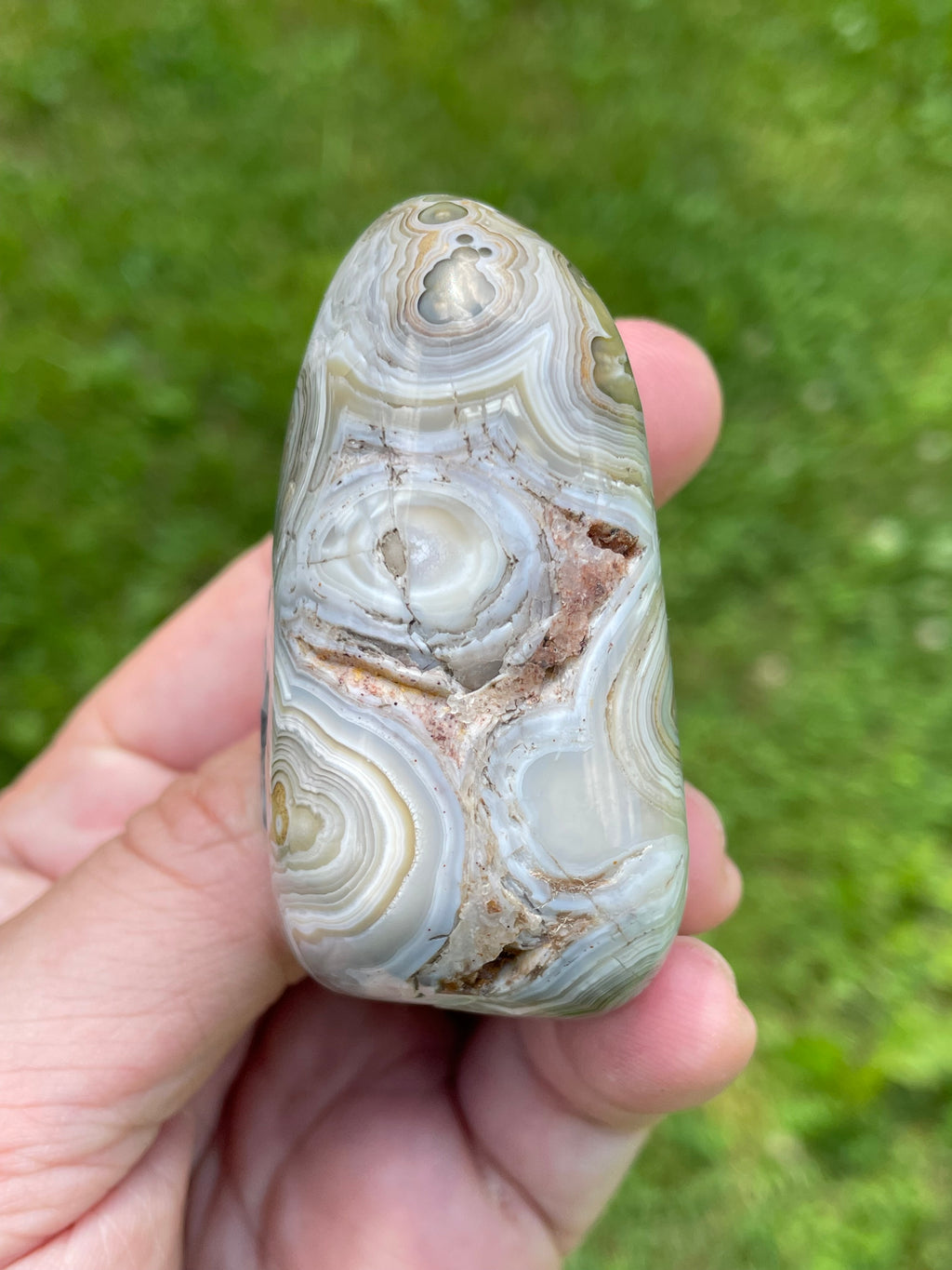 StoneBorn Creations Hand-Polished Lace Agate Freeform with Intricate Fortification Banding, Orbicular Eyes & Preserved Natural Matrix