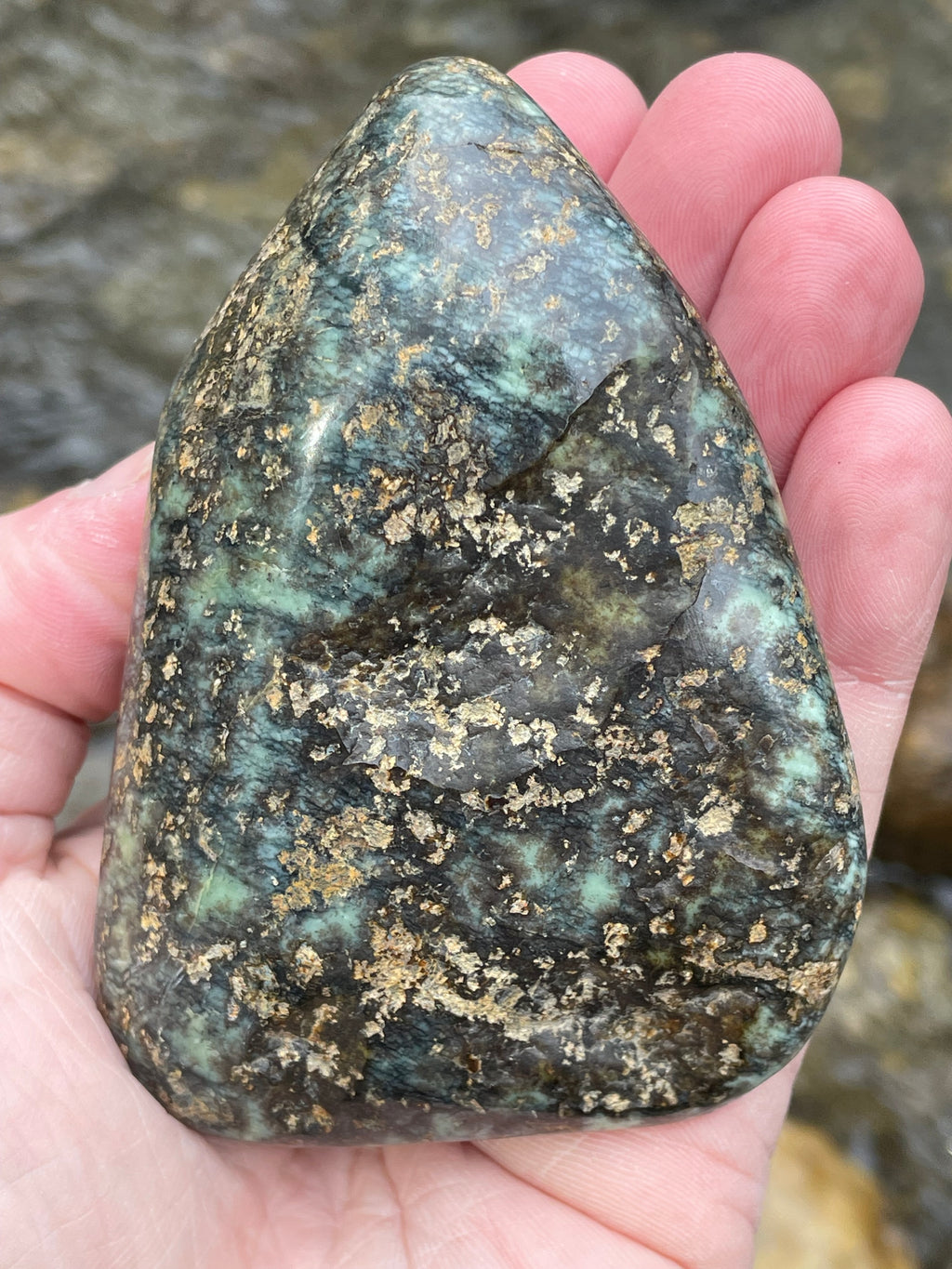 StoneBorn Creations Hand-Polished Vermont Serpentine with Golden Flecking Deep Forest Greens Full 360 Finish