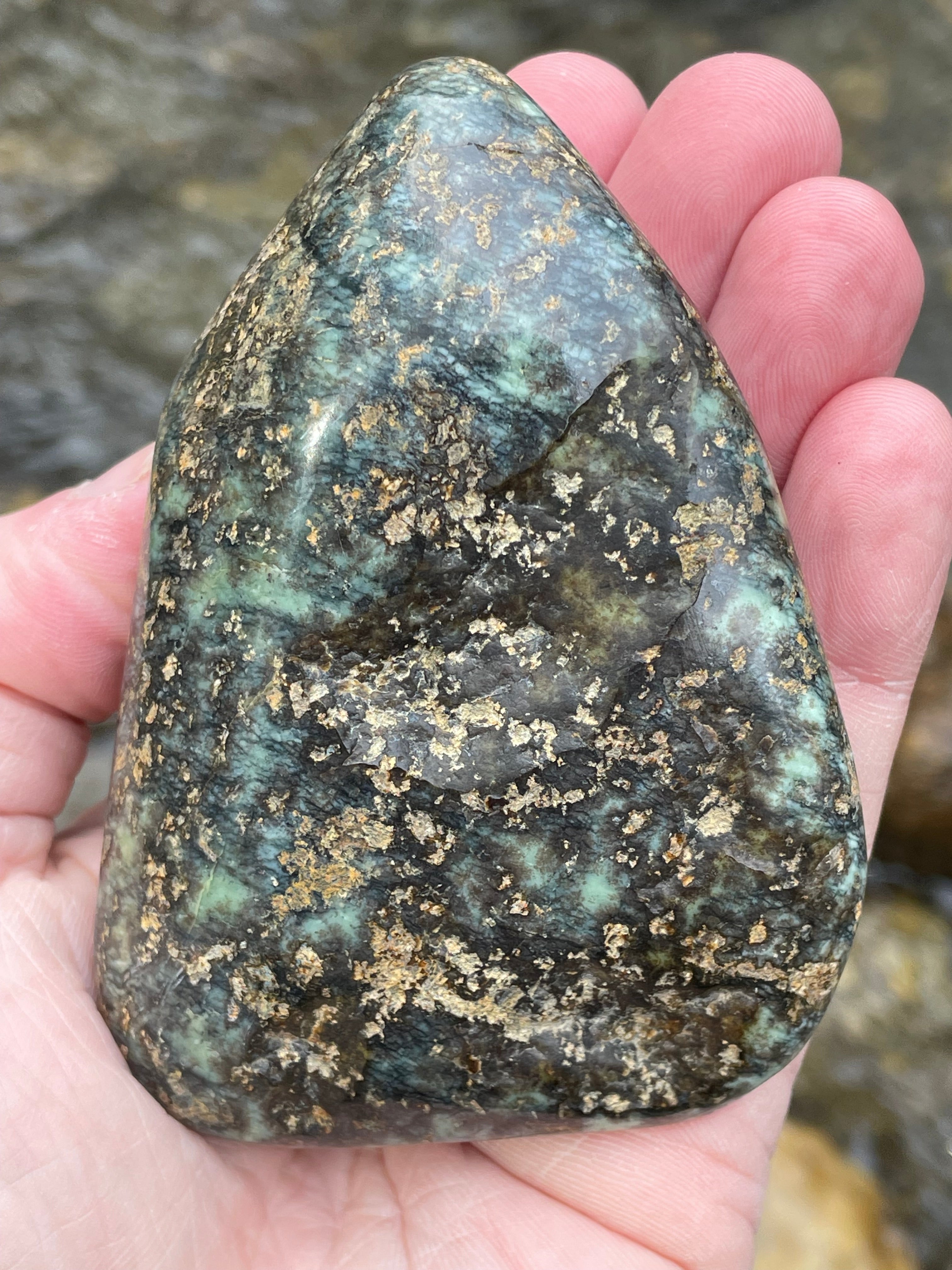 StoneBorn Creations Hand-Polished Vermont Serpentine with Golden Flecking Deep Forest Greens Full 360 Finish
