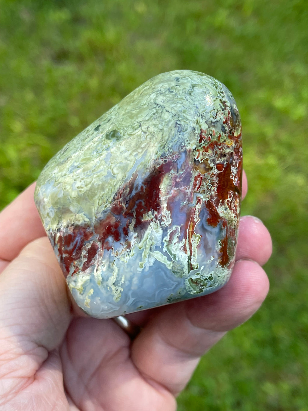 StoneBorn Creations Hand-Polished Agate Freeform with Blue Chalcedony, Deep Red Jasper Inclusions and Green Mossy Matrix
