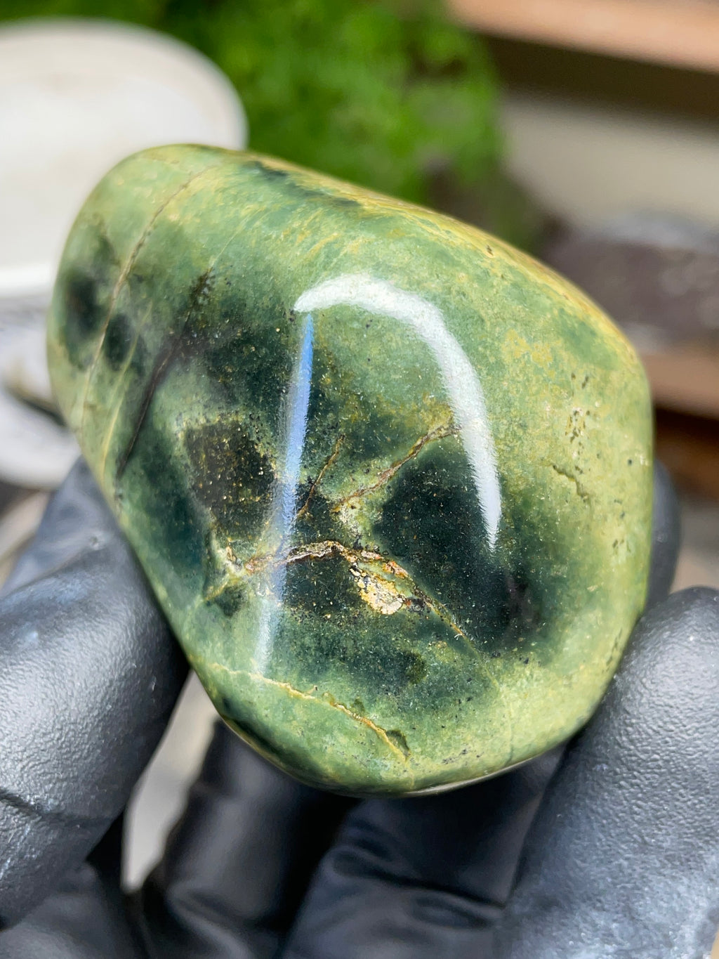 StoneBorn Creations Hand Polished Vermont Serpentine with Deep Forest Greens and Natural Gold Flecking – One of a Kind Display Stone
